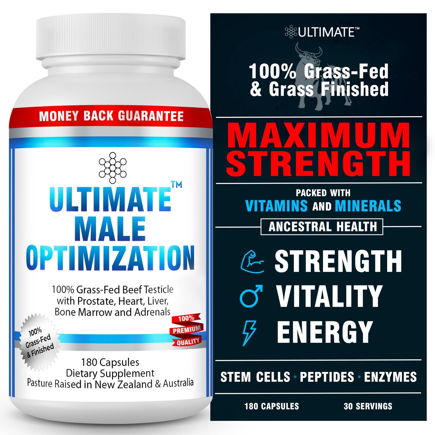 Ultimate Male Optimization 100% Grass Fed Beef Organ Supplement, 180 Capsules