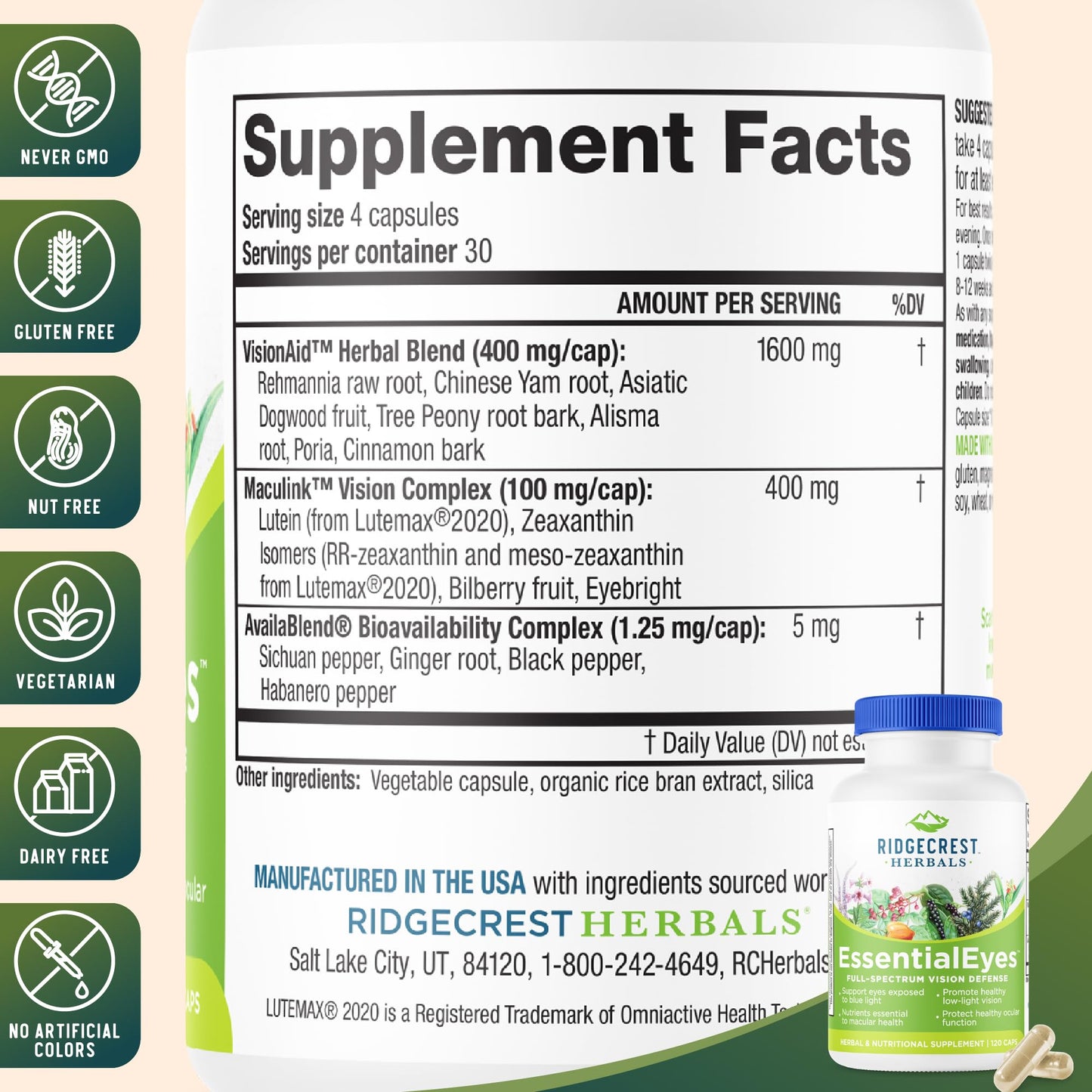 RidgeCrest Herbals EssentialEyes Eye Vitamins for Vision Support Capsules 120