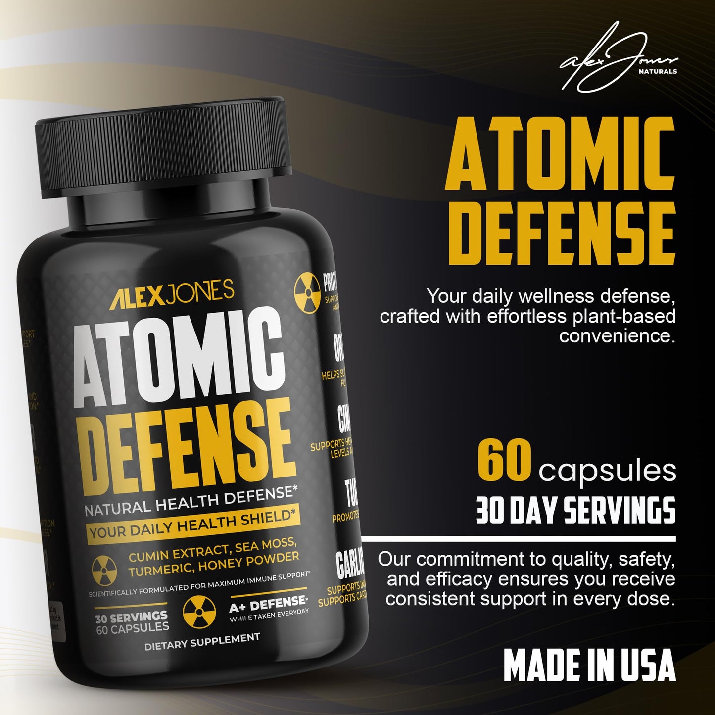 Alex Jones Naturals Atomic Defense – Natural Health Defense Formula - Organic Seamoss Capsules w/Cumin Extract, Turmeric & Honey Powder – Plant-Based Herbal Supplements for Immune Support – 60 Count