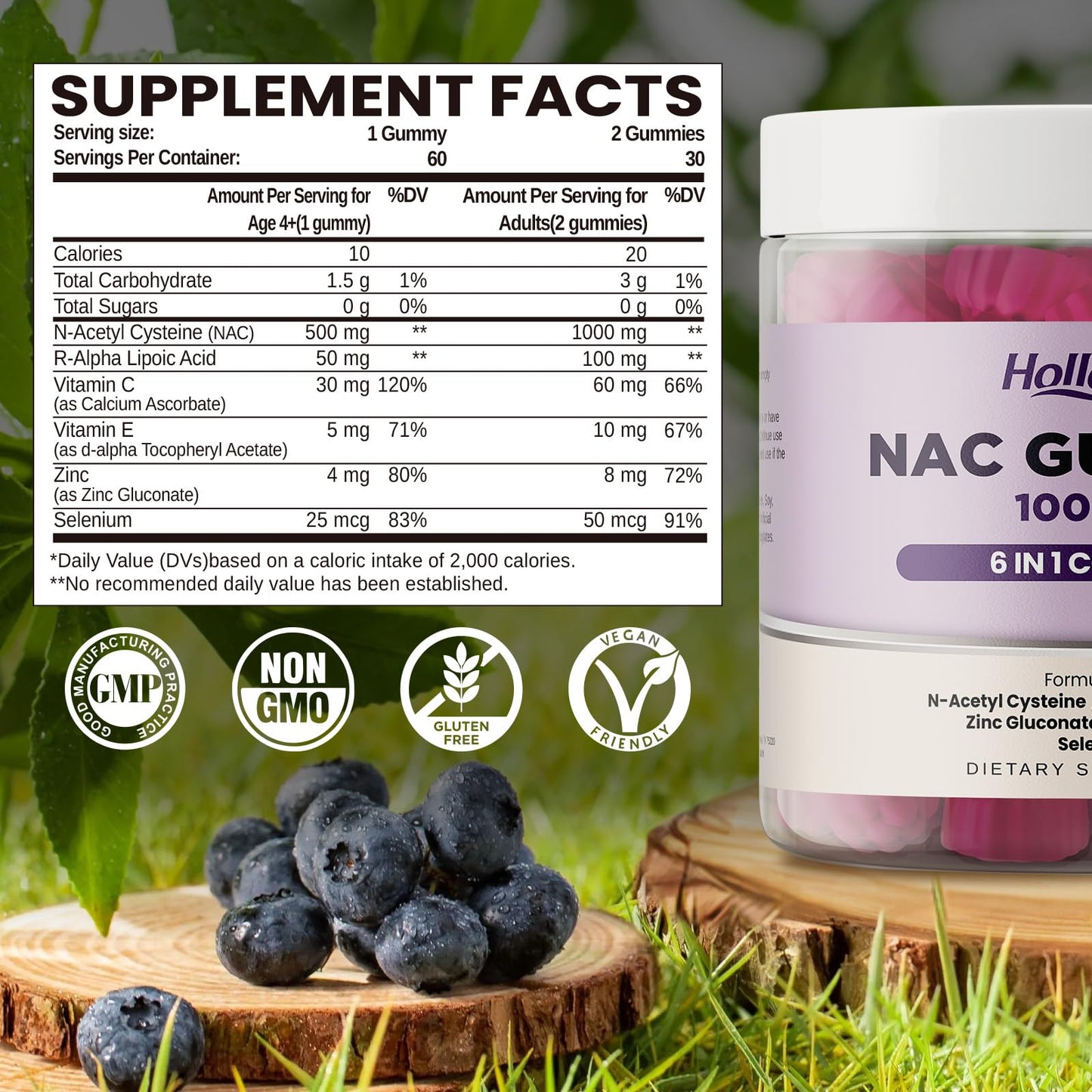 HOLLEGEND 6 in 1 NAC Gummy 1000mg, 60 Count