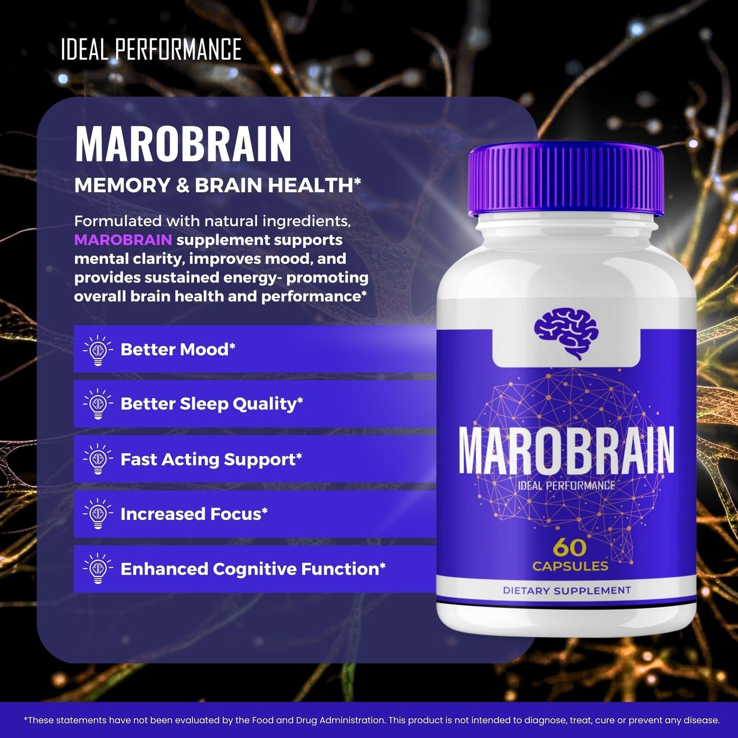 IDEAL PERFORMANCE Marobrain Plus, Brain Health & Memory Support, Maximum Strength, 300 Capsules