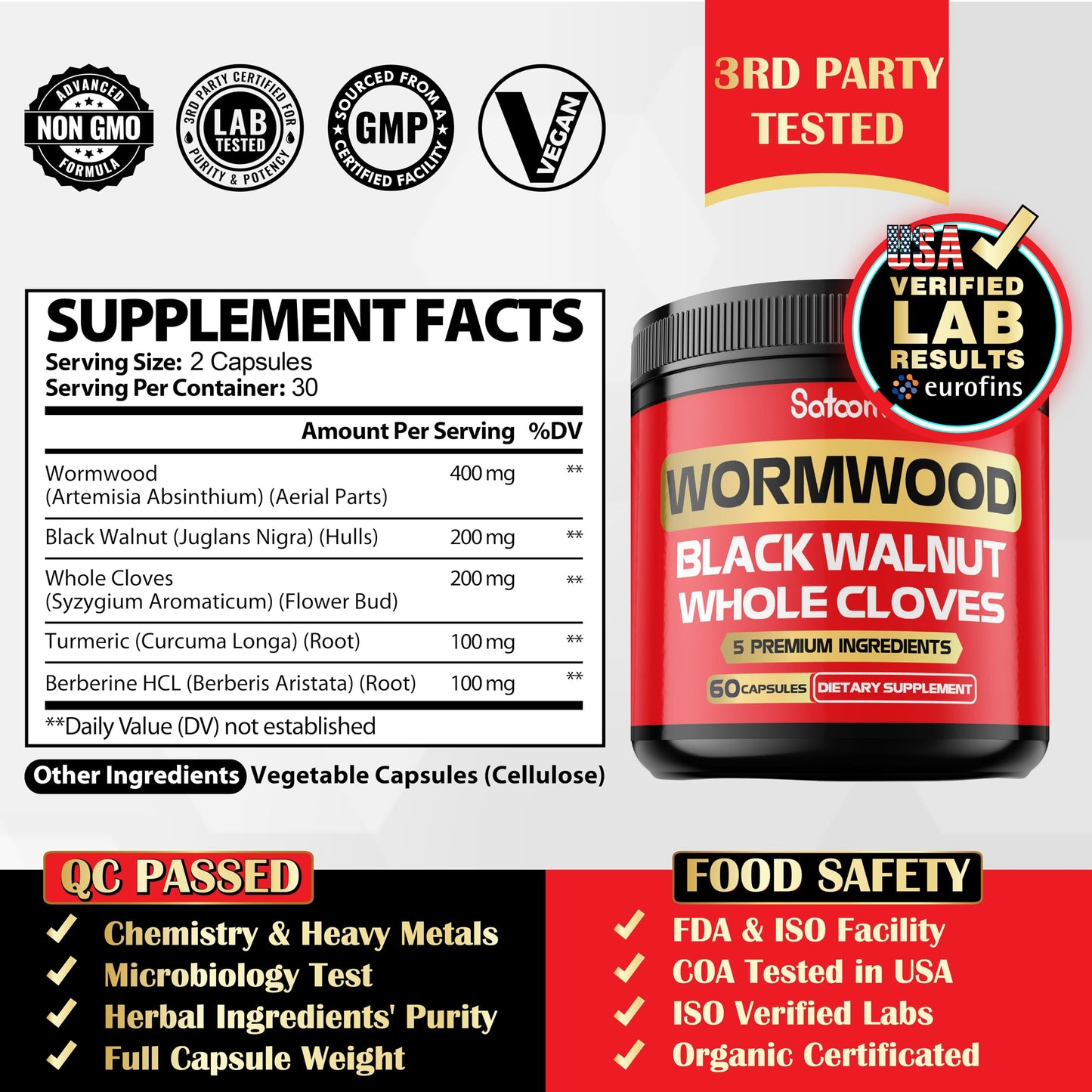 Satoomi 5 in 1 Wormwood Capsules Supplement, 60 Capsules