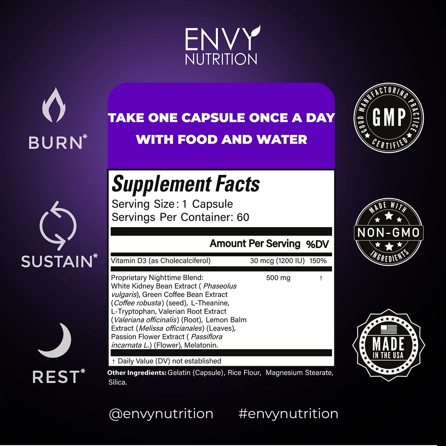 Envy Nutrition Night Time Fat Burner Supplements with Green Coffee Bean Extract Capsule 60 Count