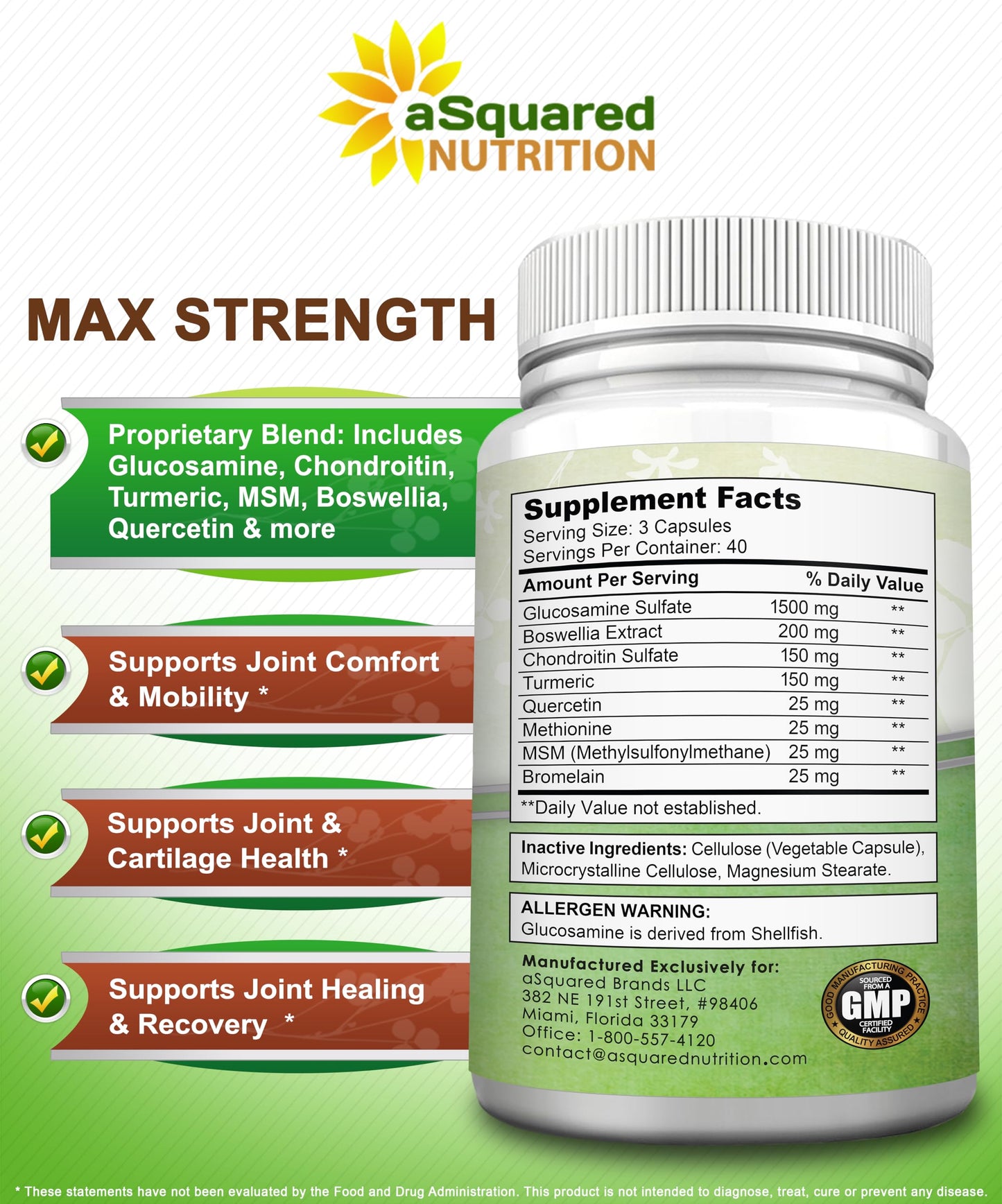 aSquared Nutrition Glucosamine Chondroitin Turmeric MSM Boswellia Capsules, 120 Count