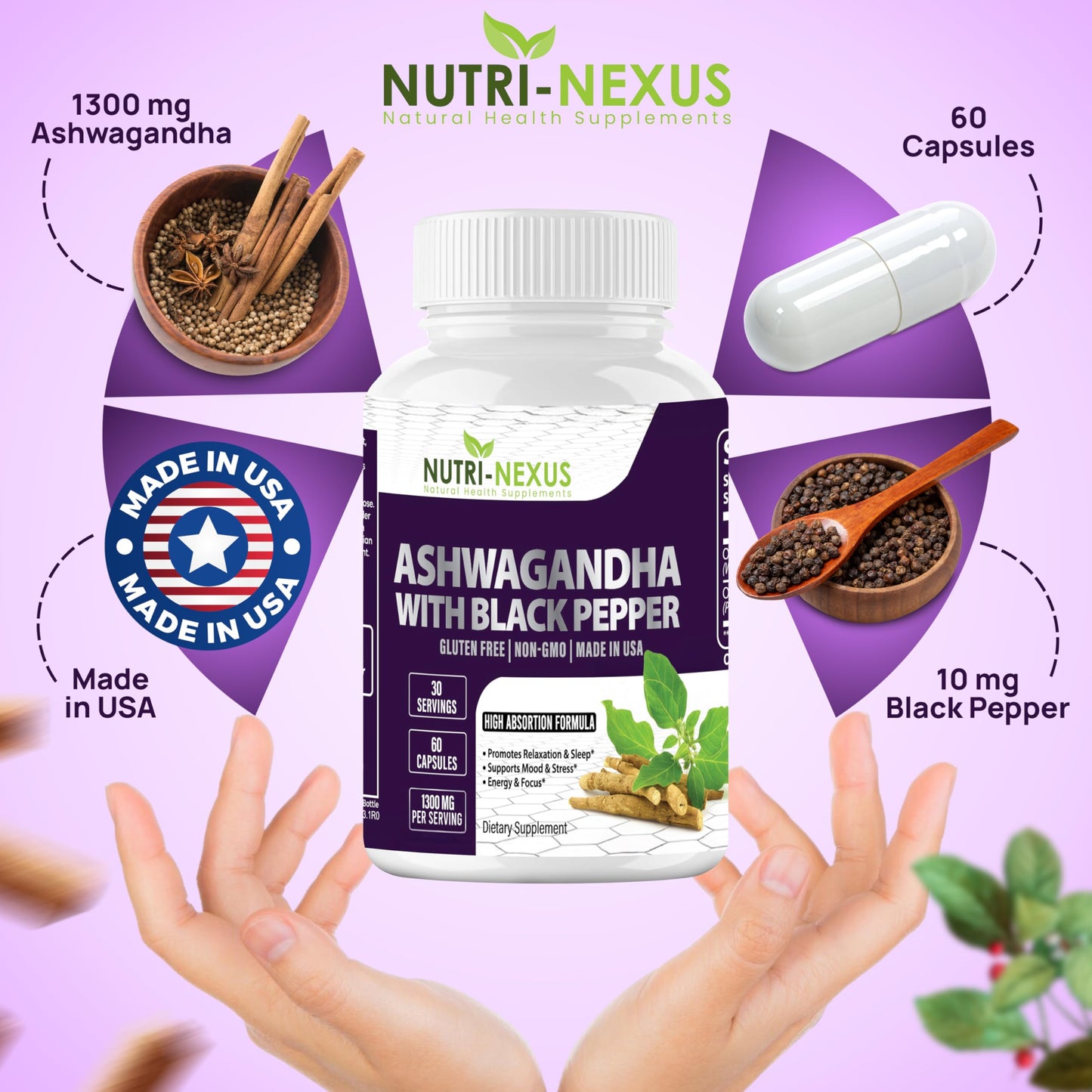 NUTRI-NEXUS Ashwagandha with Black Pepper 1300mg Organic Root Extract, 60 Capsules