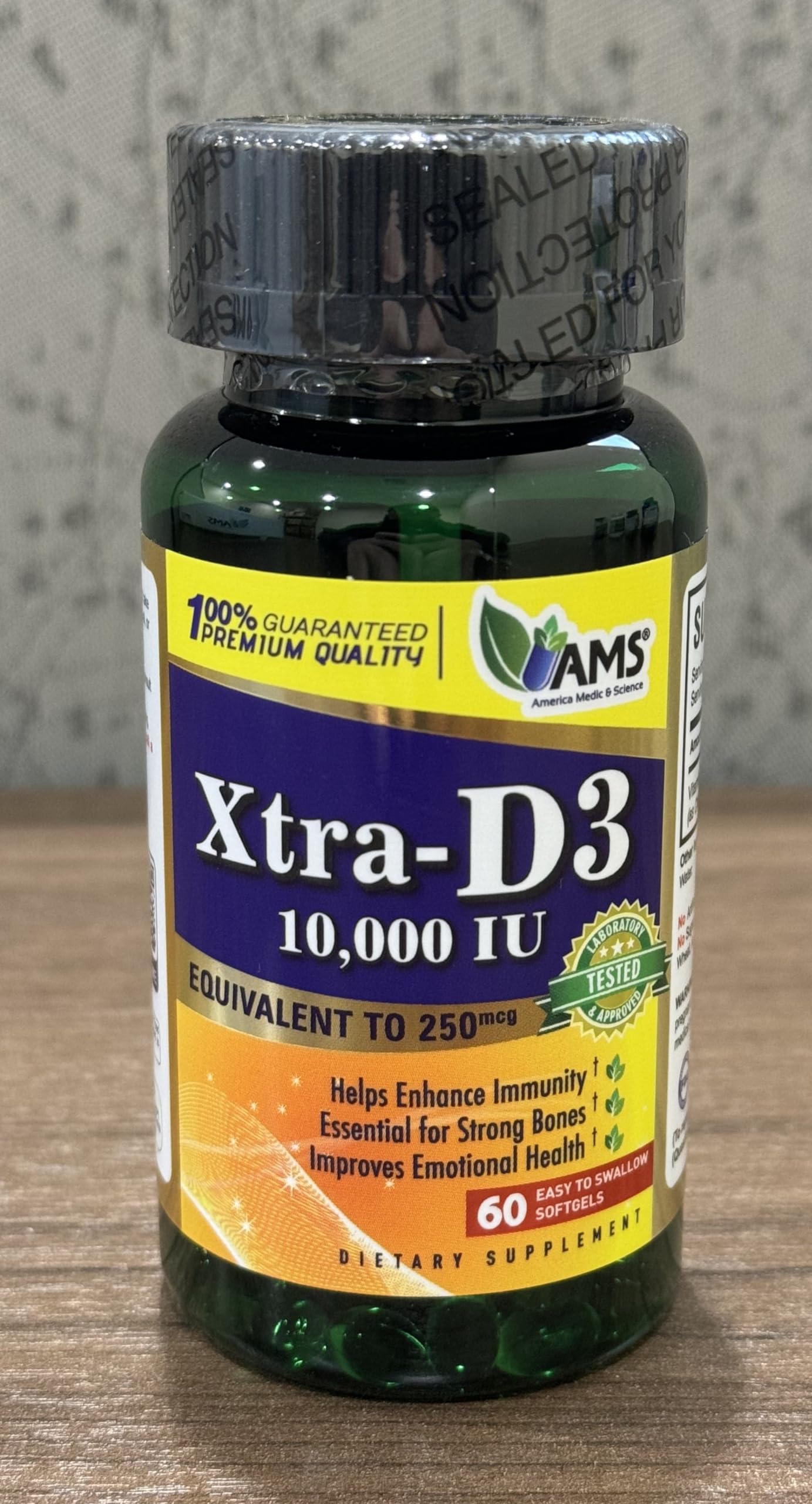 America Medic & Science Xtra D3 Vitamin D3 10,000 IU (250 mcg) Cholecalciferol Supplement, 60 Softgels