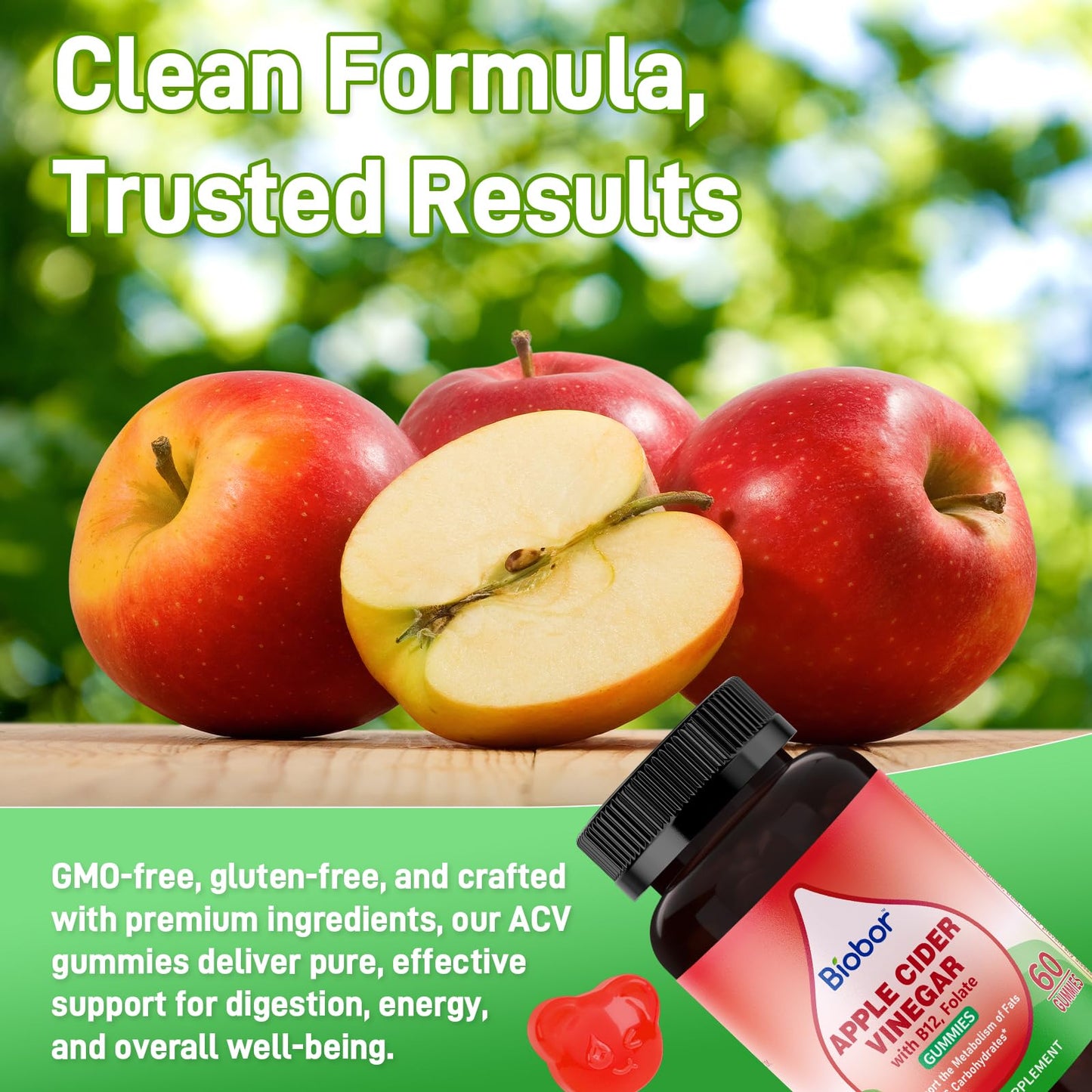Biobor Apple Cider Vinegar Gummies 1000 mg with Vitamin B12, 120 Gummies