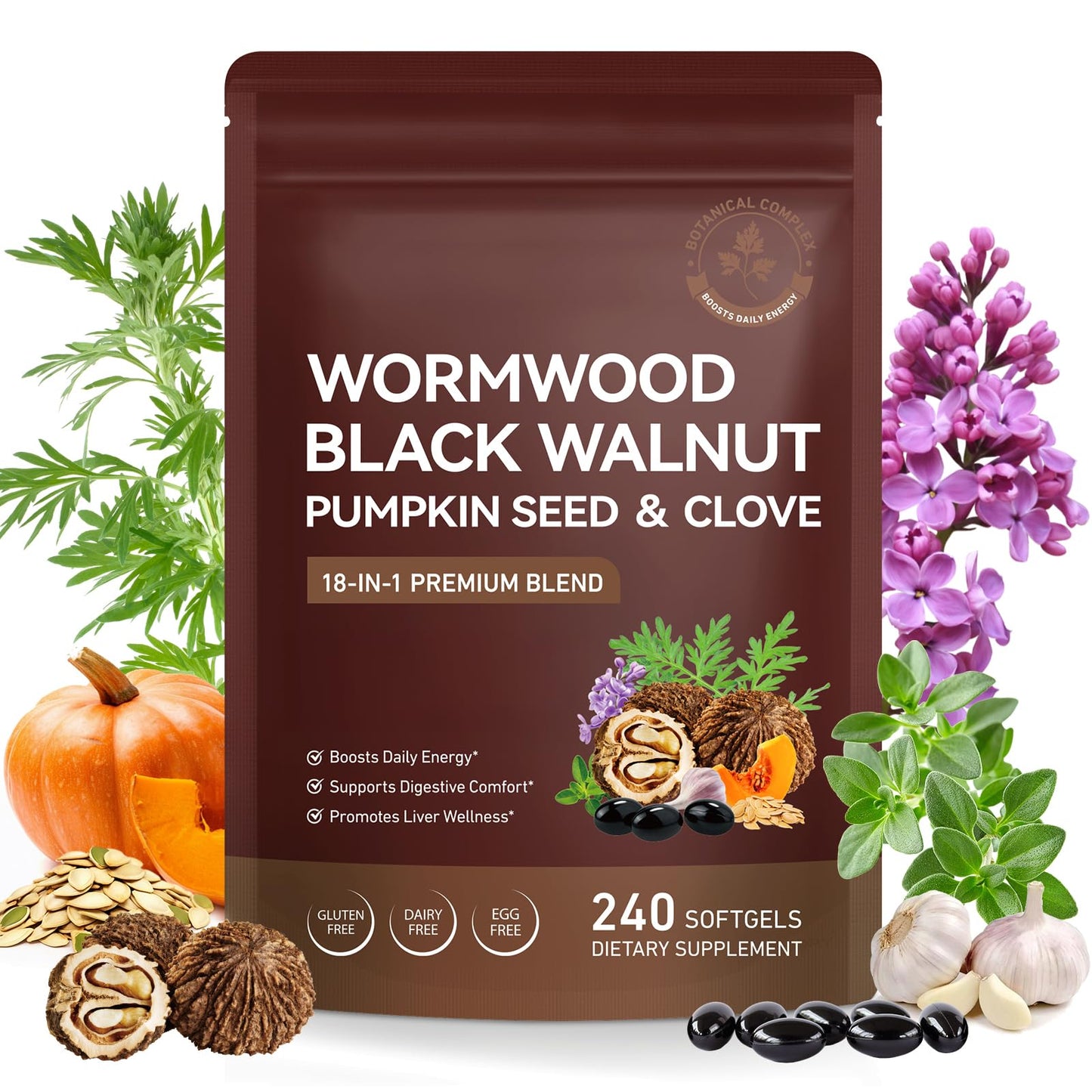 KITNOBLIS Wormwood Black Walnut 18-in-1 Gut Support Supplement with Pumpkin Seed, Clove, Garlic, Oregano, Supports Digestive Balance, Gut Comfort & Daily Vitality 240 Softgels
