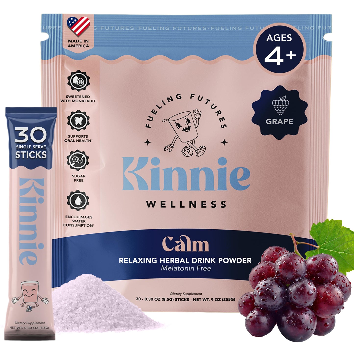 Kinnie Calming Sugar Free Vitamin Mix for Kids - Grape Flavor, Melatonin Free - Herbal/Magnesium Supplement for Bedtime, Focus & Travel Powder 30
