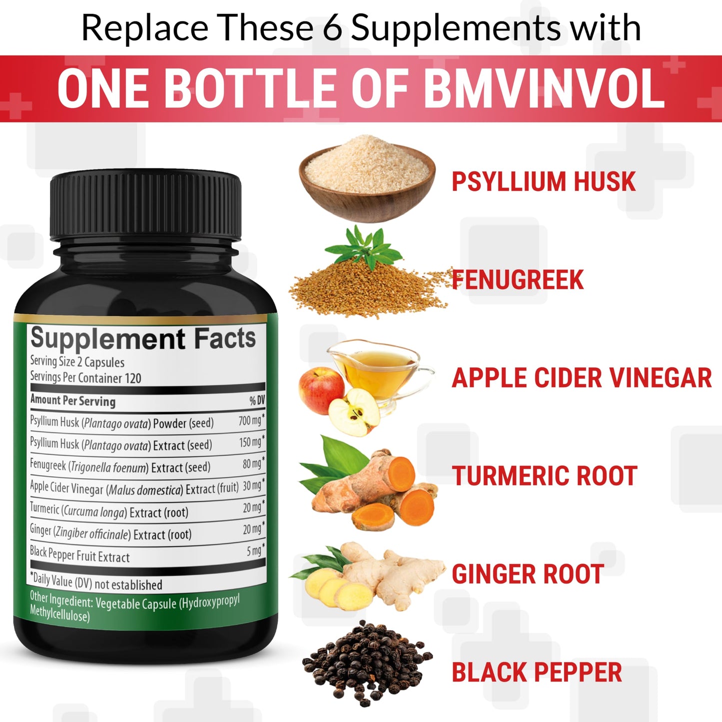 BMVINVOL 6in1 Psyllium Husk, Fenugreek, Apple Cider Vinegar, Turmeric, Ginger, Black Pepper Capsules, 240 Count