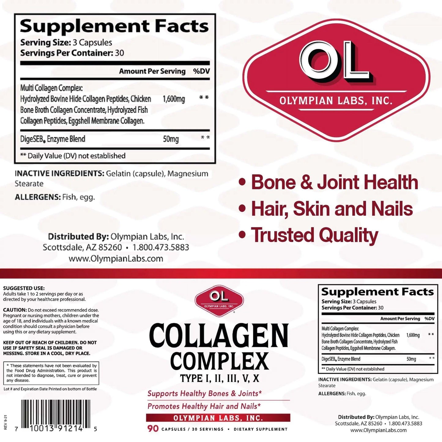 Olympian Labs Multi Collagen Complex Type I, II, III, V, X Capsules 90 Count