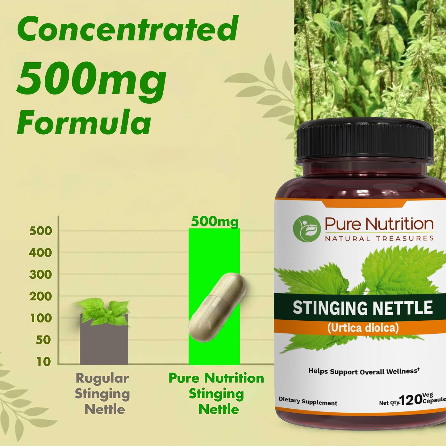 Pure Nutrition Natural Treasures Stinging Nettle 20:1 Extract 500mg per Capsule, 120 Veg Caps