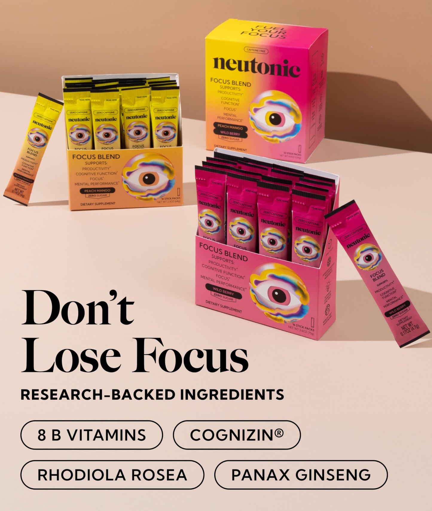 Neutonic Nootropic Focus Blend Powder, Peach Mango & Wild Berry, 32-count