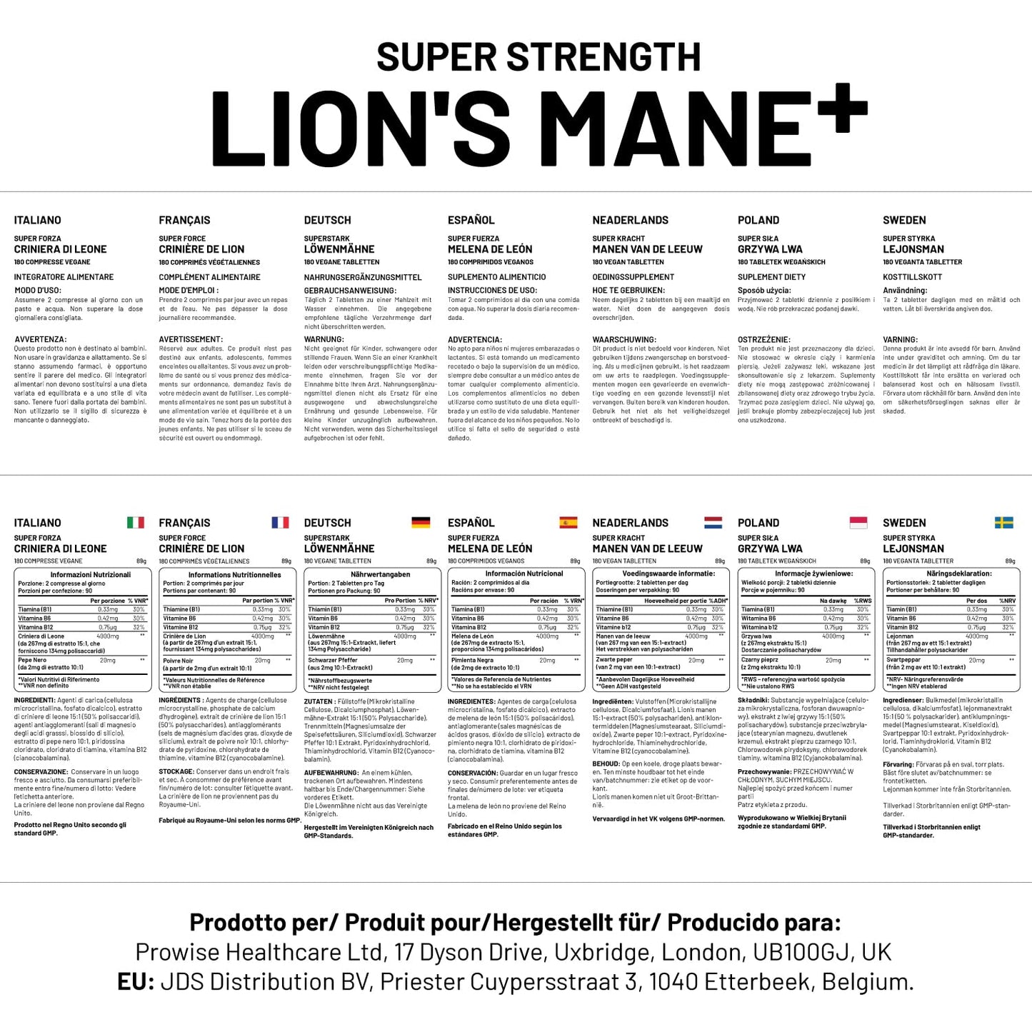 PH PROWISE Healthcare Lions Mane Mushroom Supplement 4000mg with Vitamin B1, B6, B12 & Black Pepper - 180 Super Strength Vegan Tablets with 50% Polysaccharides
