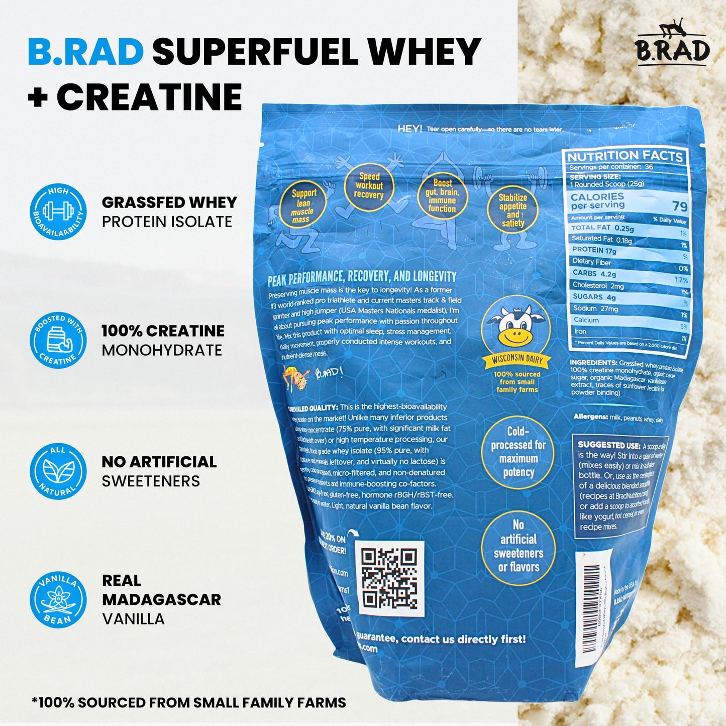 B.rad Superfuel Grass-Fed Whey Protein Isolate Boosted with Creatine Powder, 32 Servings