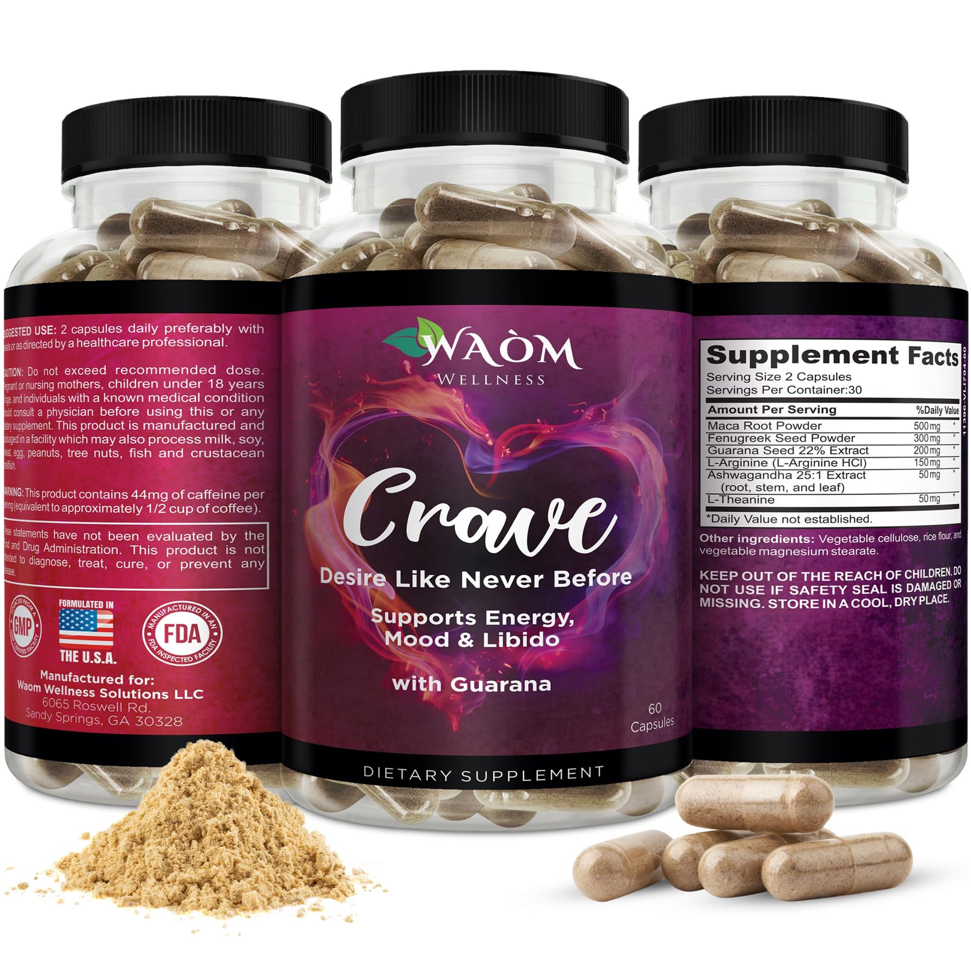 Waòm Wellness Crave – Women’s Desire Booster with Maca, Ashwagandha & L-Theanine – Natural Energy, Mood & Hormone Balance Support – 60 Vegan Capsules