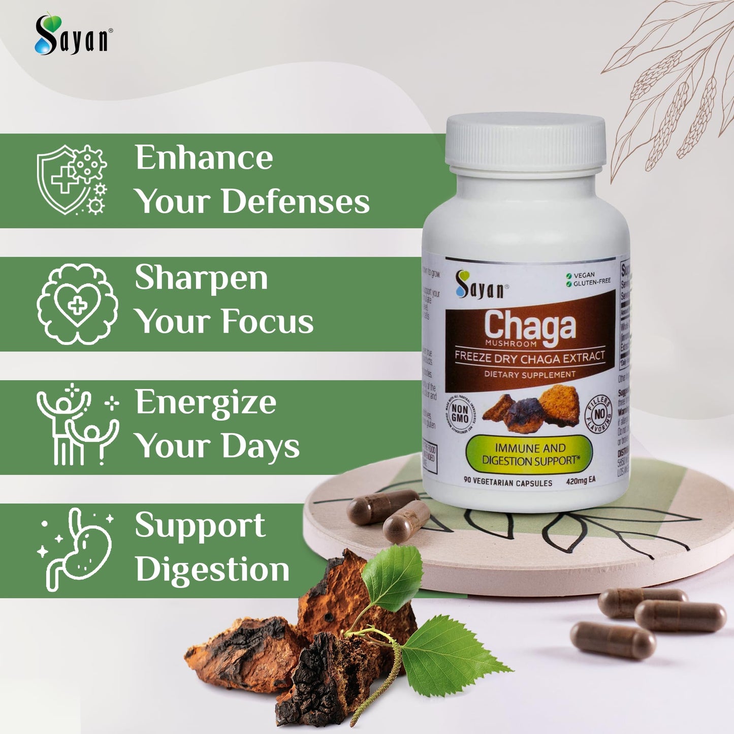 Sayan Siberian Chaga Mushroom Extract Capsules 90 Count