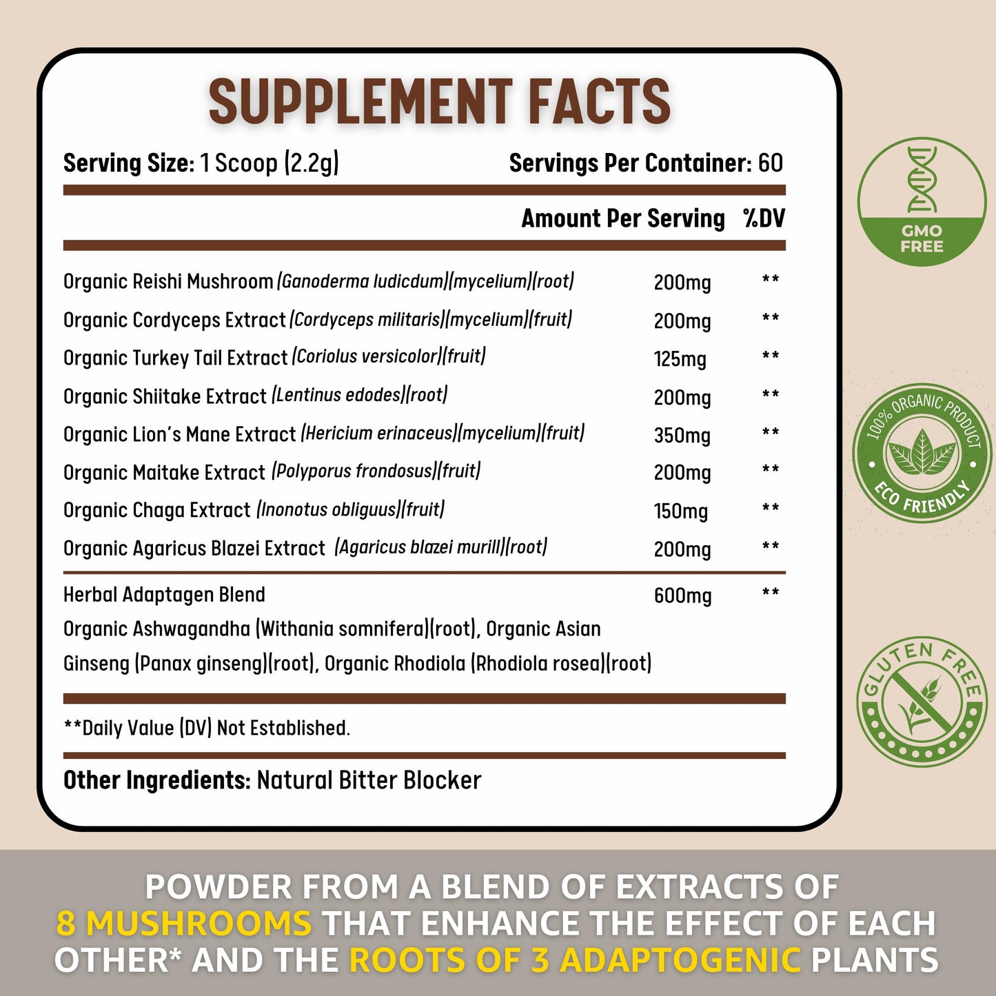 Healblend Mushrooms Extract Supplement Blend - Lions Mane, Cordyceps, Agaricus, Turkey Tail, Reishi, Chaga, Shiitake, Maitake Plus Adaptogen Complex Powder 4.66 oz