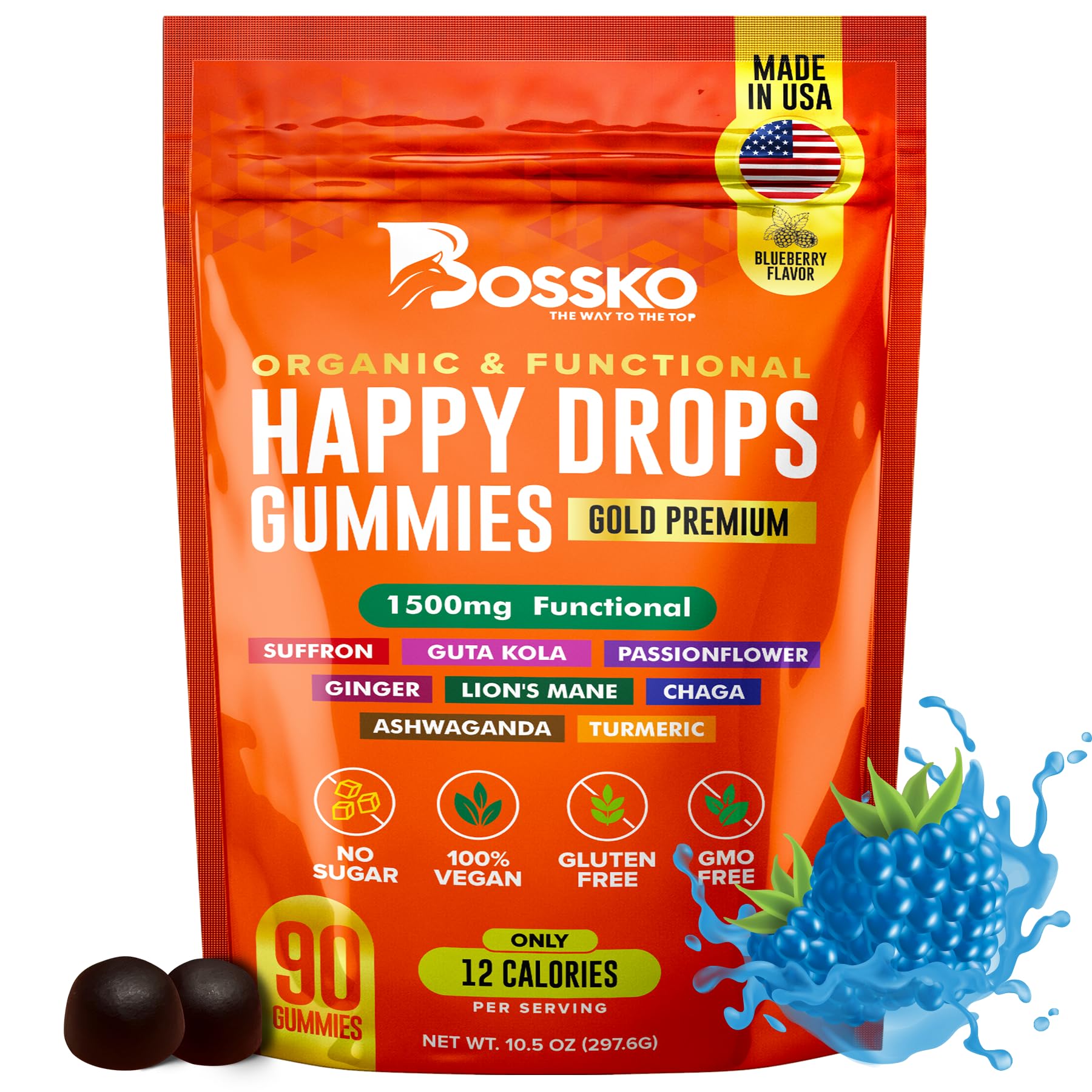 BOSSKO THE WAY TO THE TOP Happy Gummy Supplement 8-in-1 Advanced Formula Calm & Focus Support Gummies Blueberry Flavor 90 Count