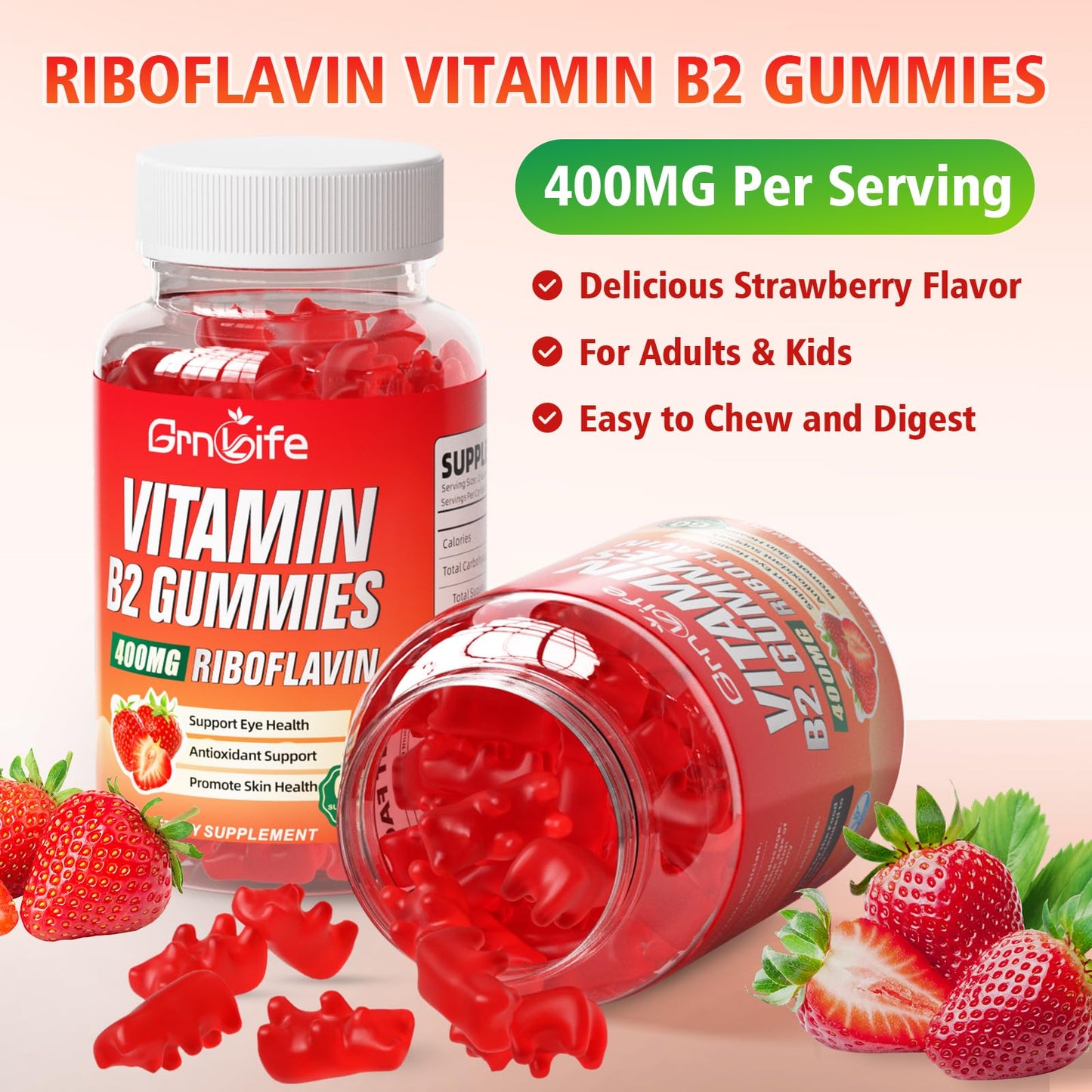 GrnLife Vitamin B2 Gummies 400mg Riboflavin with Magnesium for Kids & Adults, Migraine Relief & Energy Support, Strawberry Flavor, 120 Count