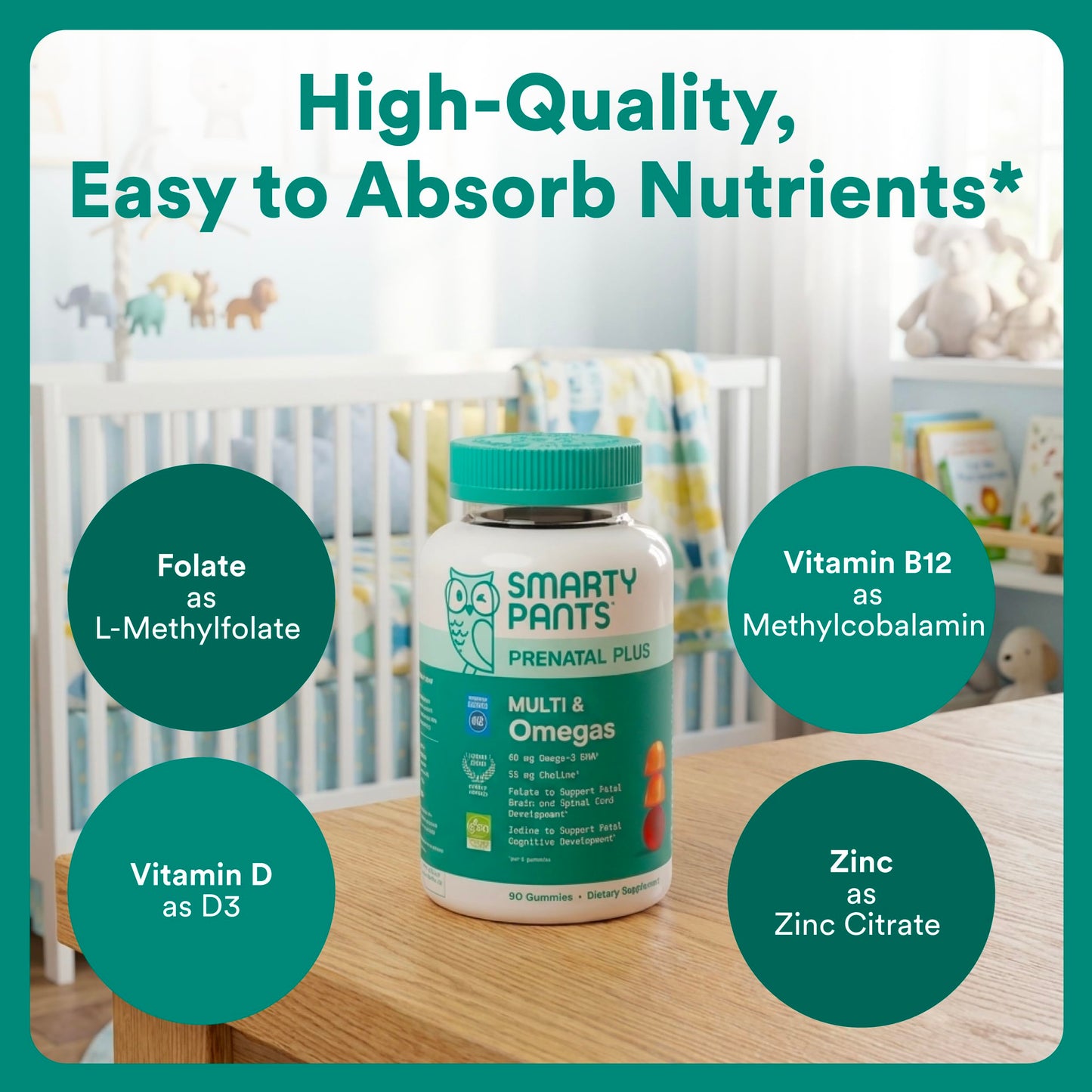 SmartyPants Prenatal Multivitamin Gummies with Omega-3 DHA/EPA, Methylfolate, Biotin, D3, C, B12, B6, A, K, and Zinc, 90 Gummies