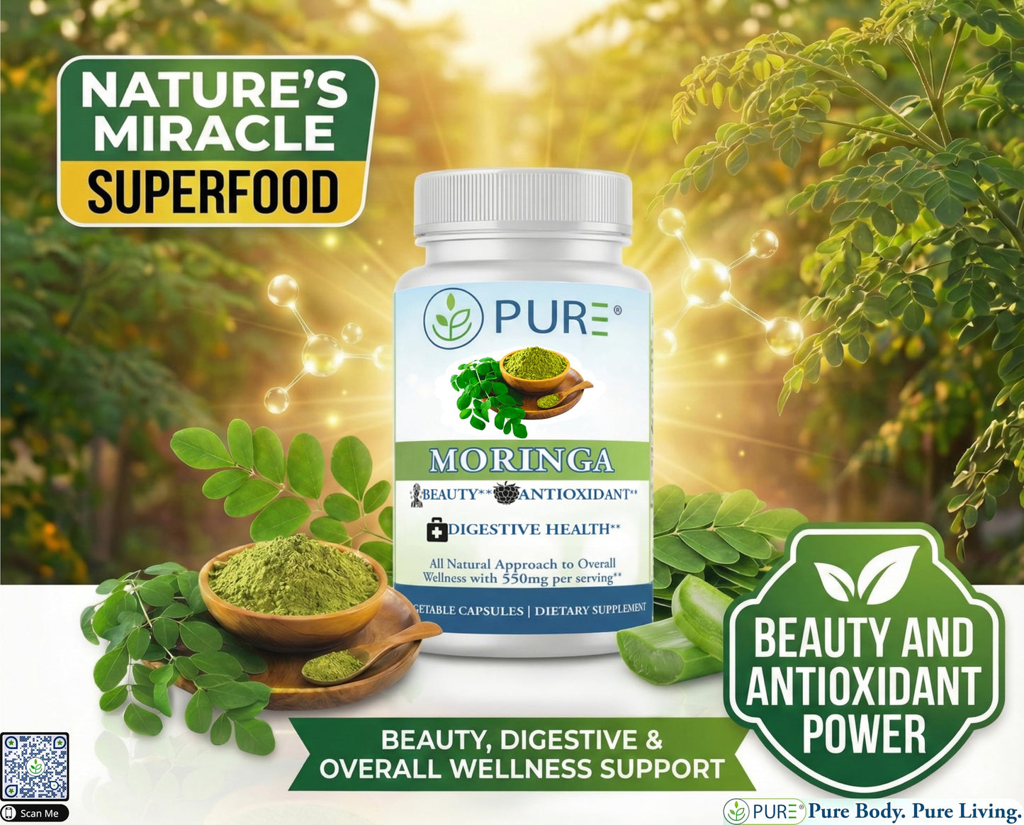 PURE Moringa Extract 550 mg Capsule 90 Count