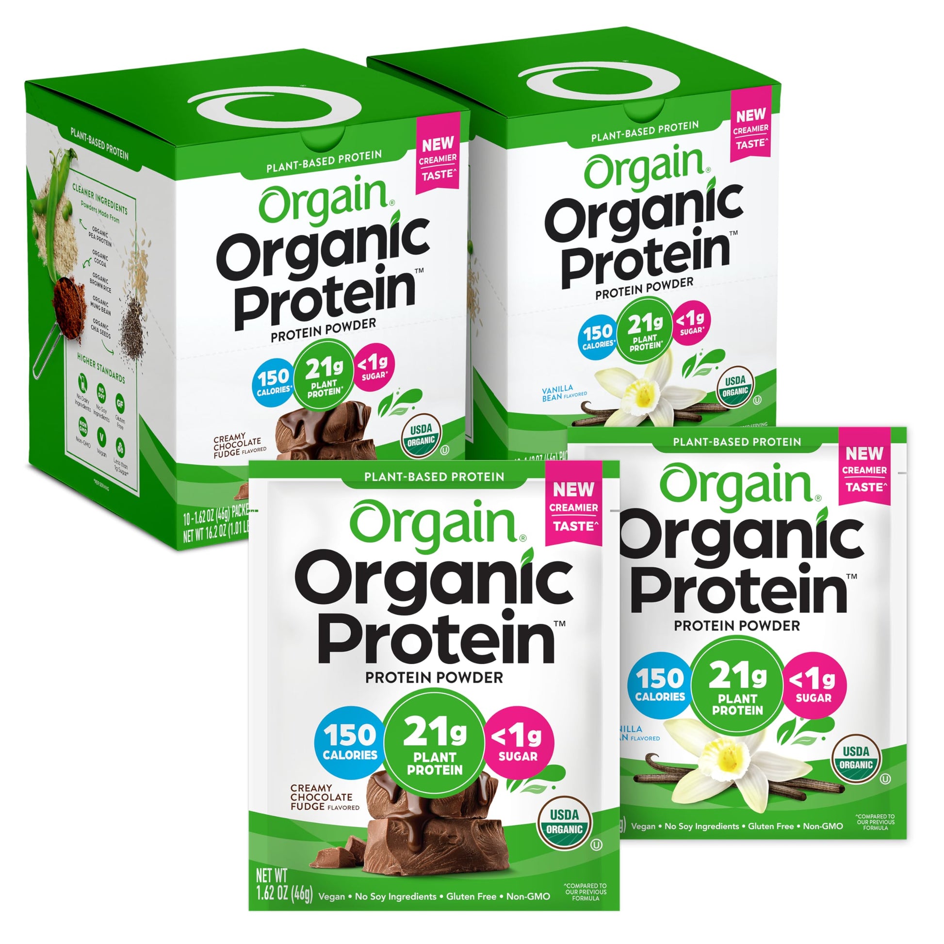 Orgain Organic Vegan Protein Powder Travel Packs Vanilla Bean and Chocolate Fudge, 20 Packets