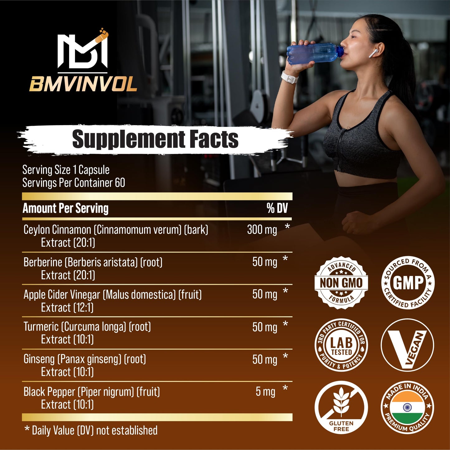 BMVINVOL Ceylon Cinnamon Capsules with Berberine HCl Supplement - Panax Ginseng, Apple Cider Vinegar, Turmeric Curcumin, 60 Capsules