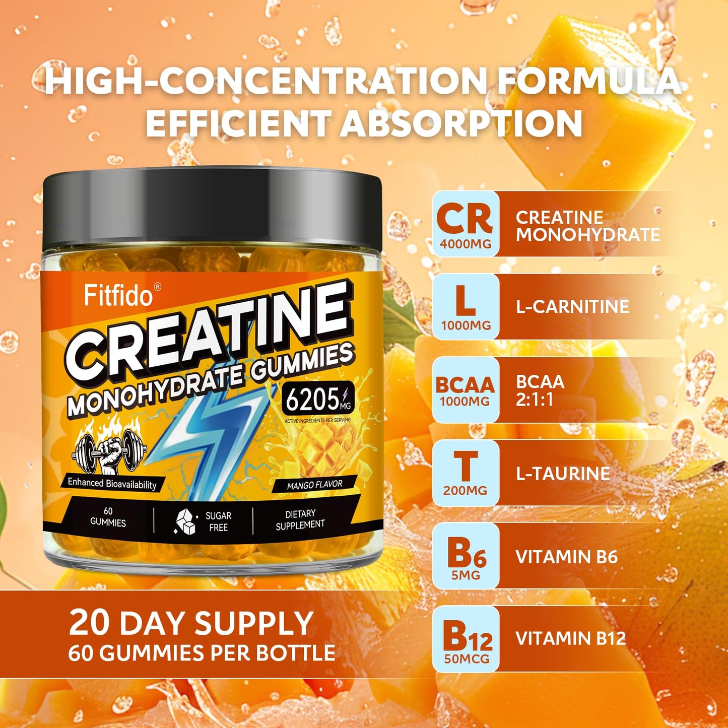 Fitfido Creatine Gummies with L-Carnitine & Taurine, 60 Count