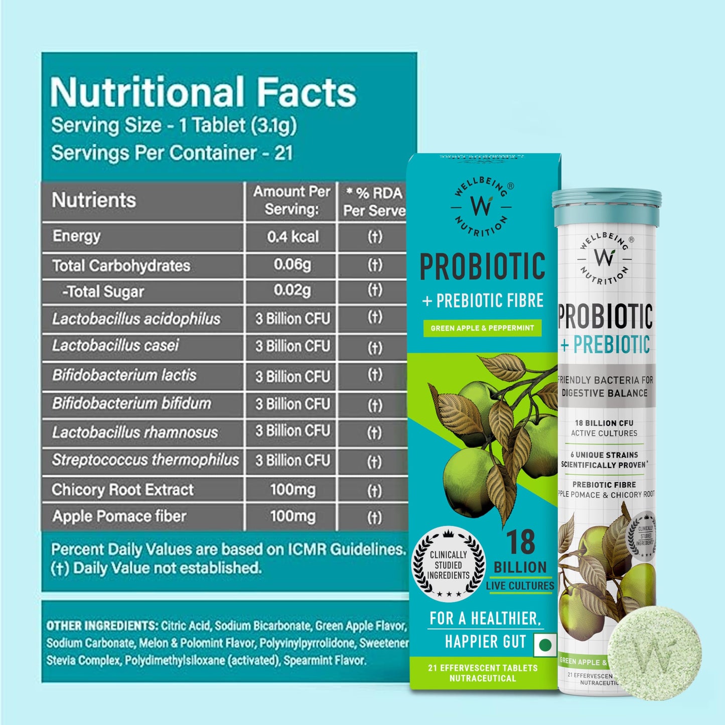 WELLBEING NUTRITION Daily Probiotic + Prebiotic Plant Based 18 Billion CFU, 6 Strains for Men & Women with Organic Prebiotic Fiber for Digestion, Gut Health, Metabolism, 42 Tablets