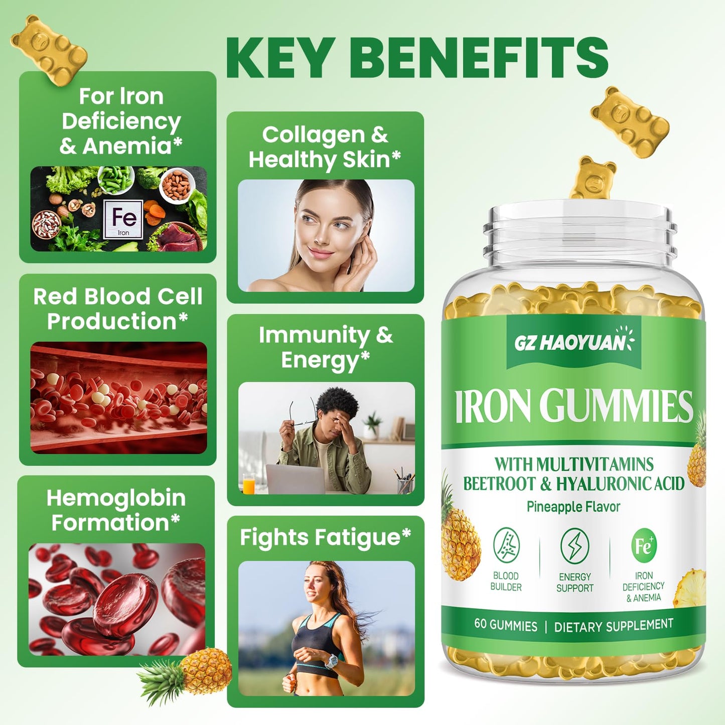 GZ HAOYUAN Iron Gummies with Multivitamin, 120 Gummies