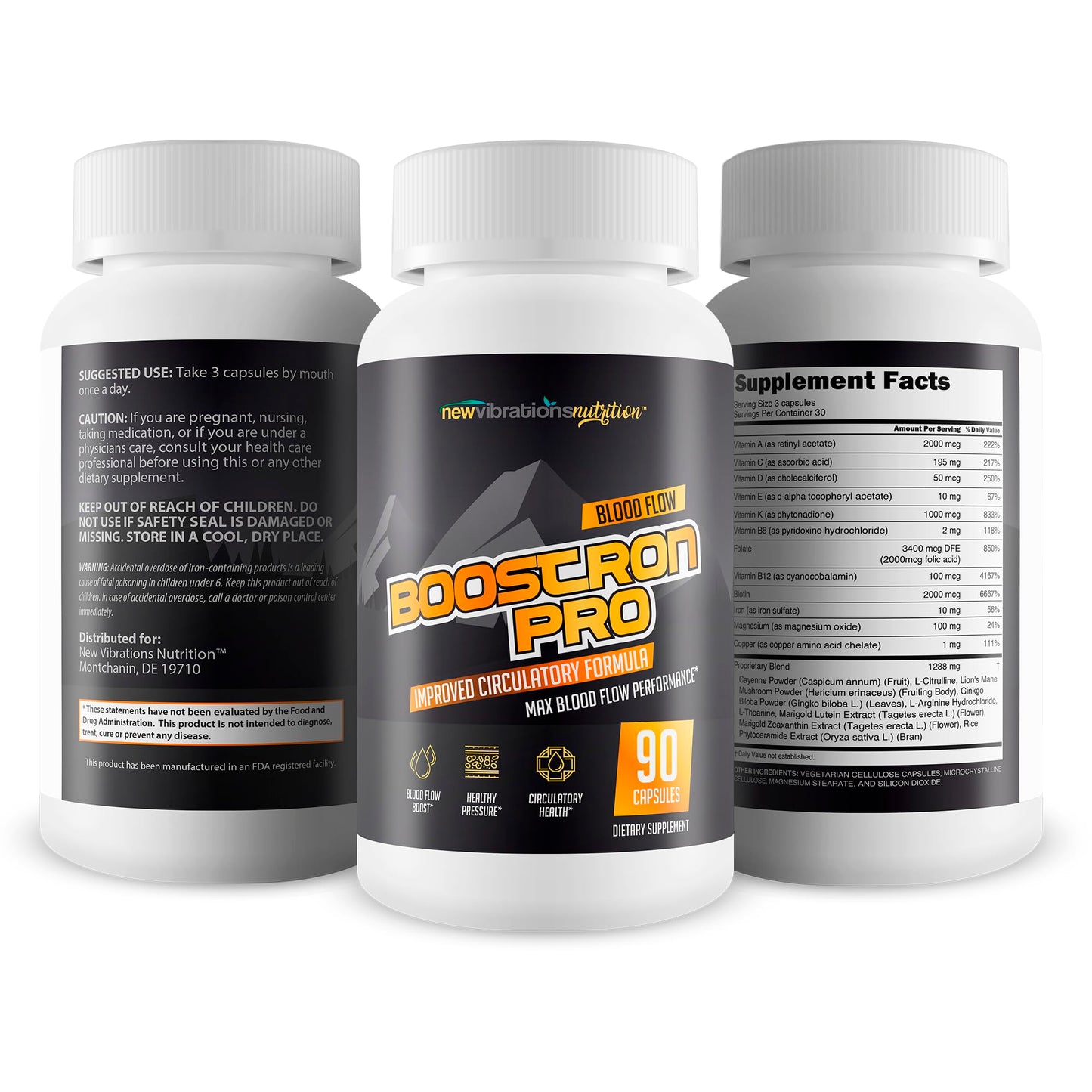 New Vibrations Nutrition Boostron Pro Nitric Oxide Blood Flow Capsule 90 Count