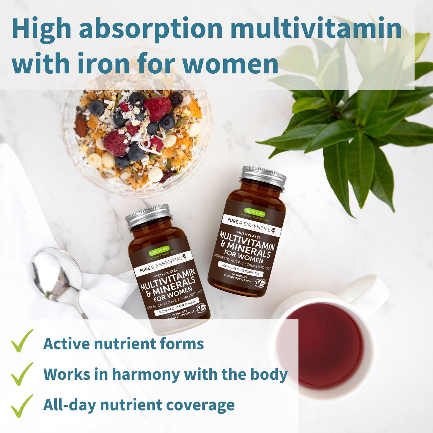 Igennus Healthcare Nutrition Multivitamin & Minerals for Women + Calcium & Magnesium Complex Vegan Bundle, Sustained Release Advanced Multivitamin + 2:1 Plant Based Algae Mineral Complex Capsules, 2 Capsules