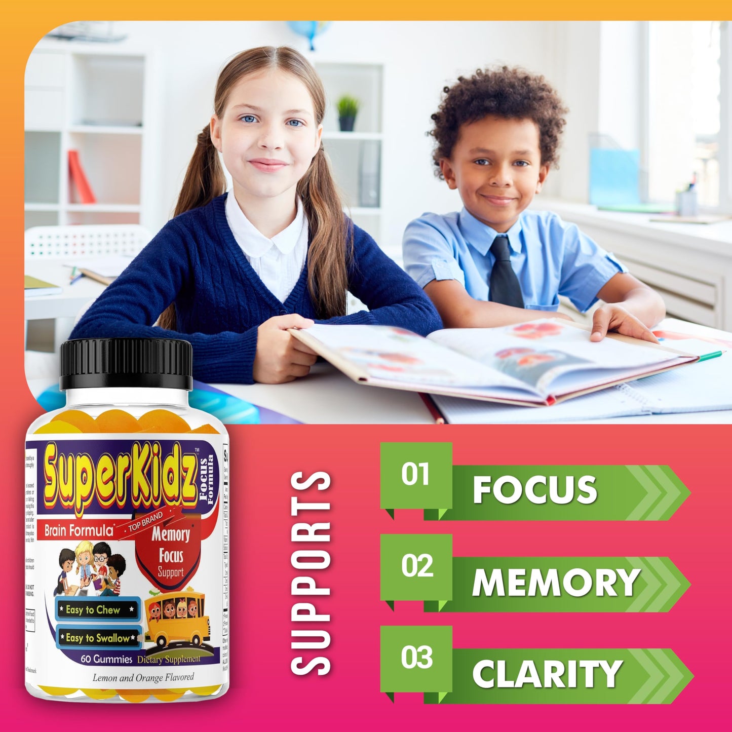 Celebrity LifeStyle Product Superkids Kids Focus Gummies with Omega-3 DHA, Brain Support for Kids & Teens, 60 Count