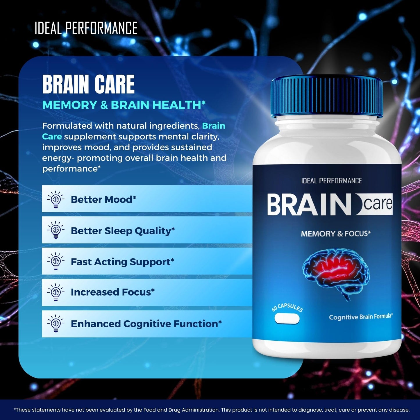 IDEAL PERFORMANCE Brain Care Advanced Formula Nerve Health Support Nootropics Capsules, 300 Count