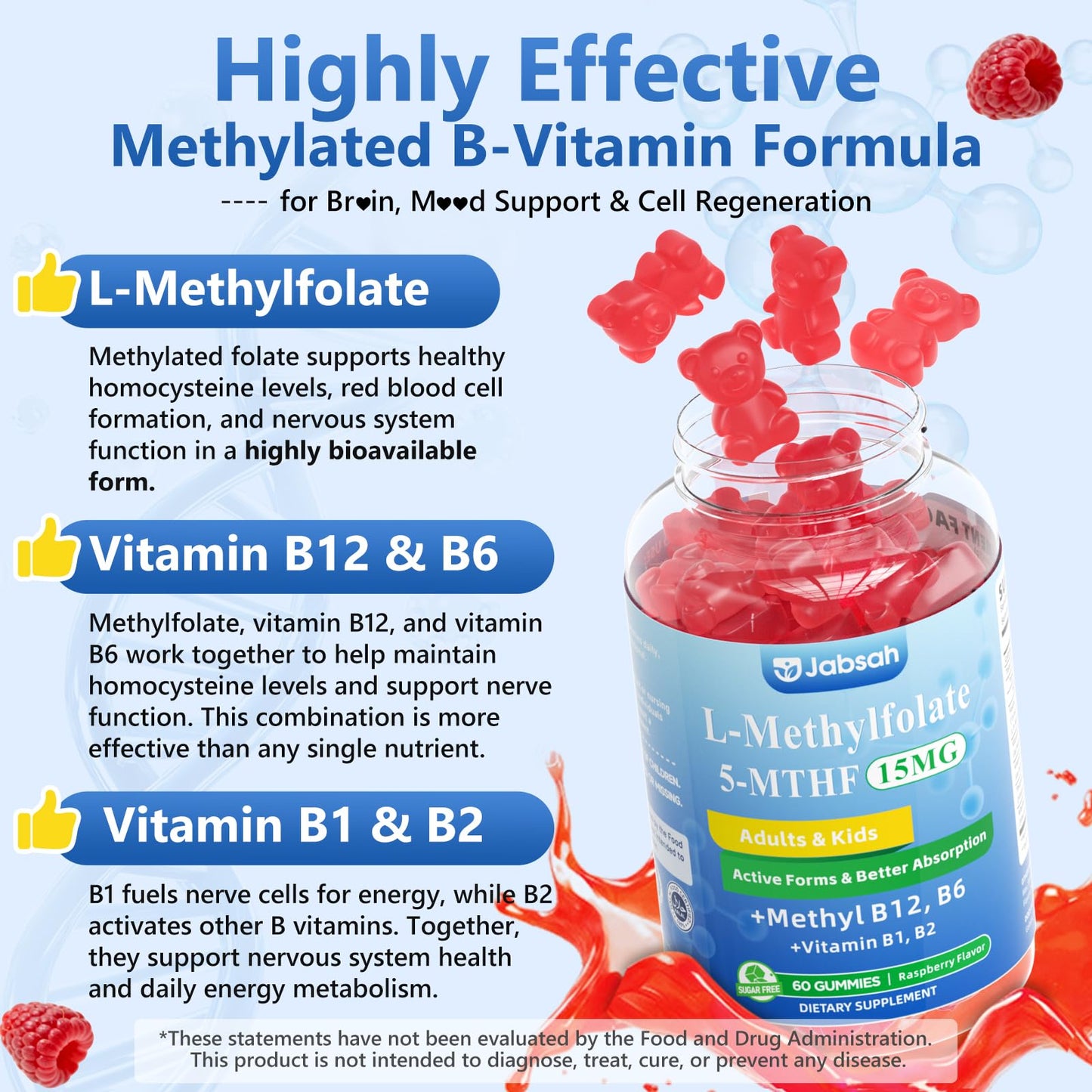 Jabsah L-MethylFolate 15mg + Methyl B12 Gummies, 60 Count