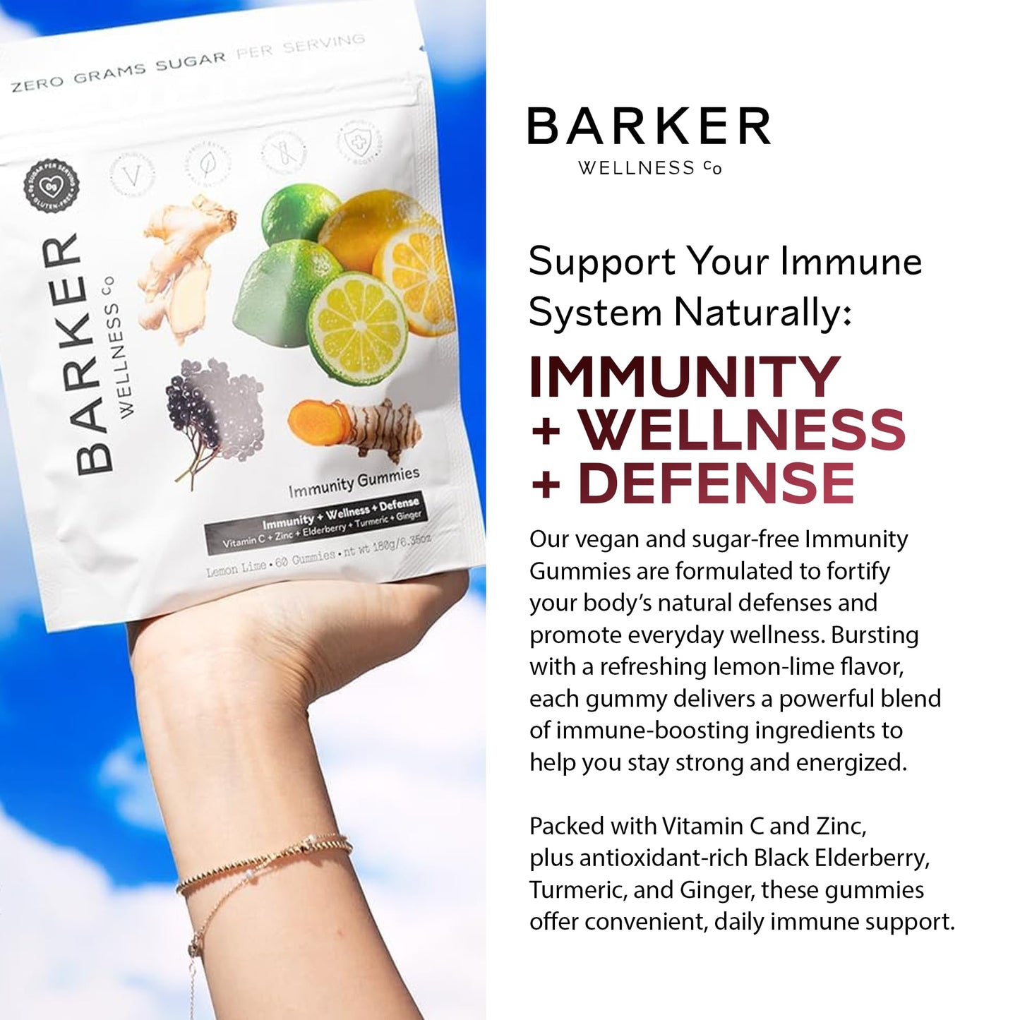 Barker Wellness Co Immunity Gummies with Vitamin C, Zinc, Elderberry, Turmeric & Ginger for Daily Immune Support, 60 Count