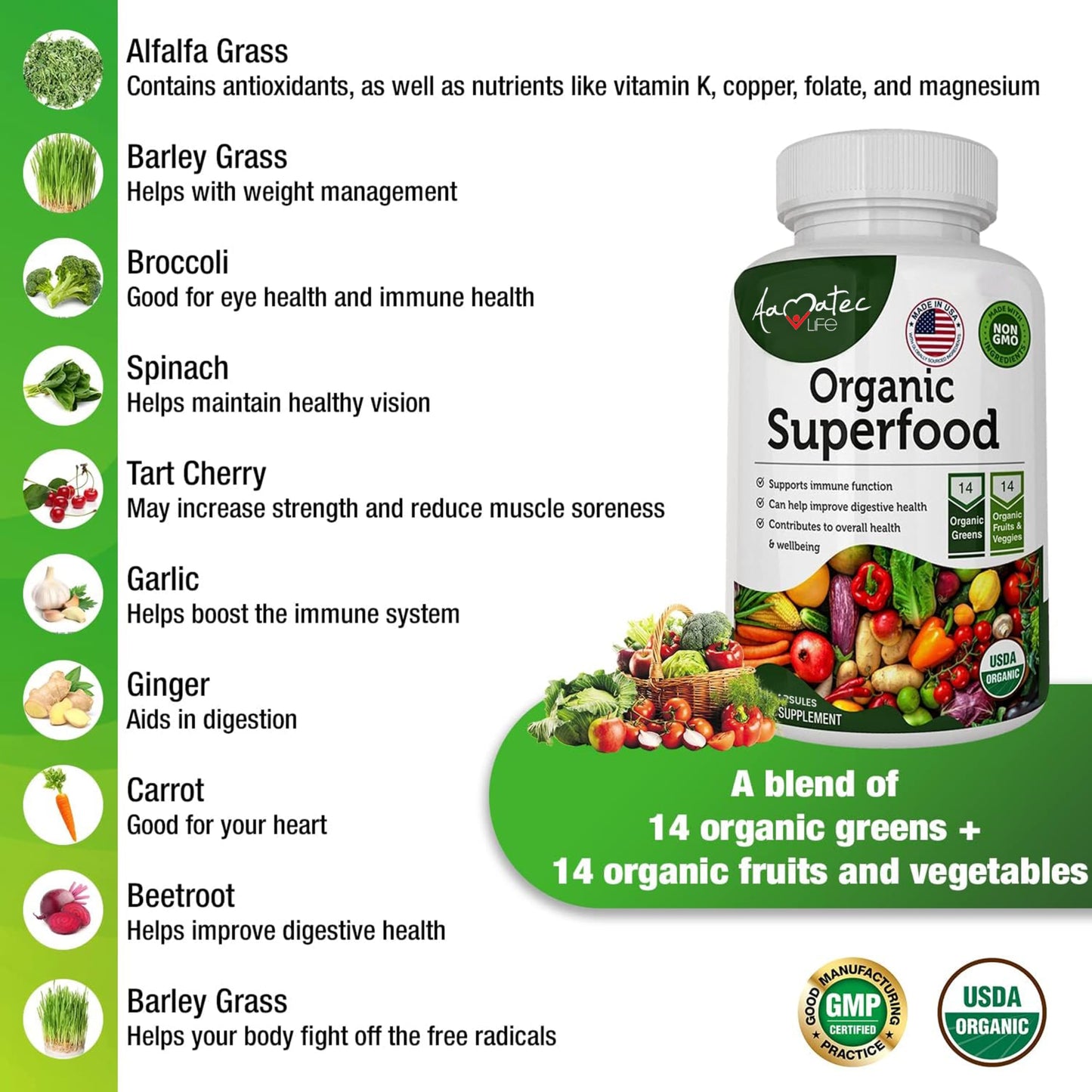 AAMATEC LIFE Organic Superfood Greens, Fruits & Veggies Complex with Alfalfa & Antioxidant Organic Ingredients Non-GMO Capsules 240