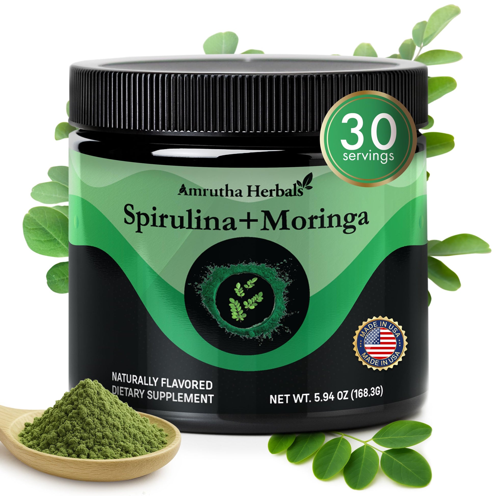 Amrutha Herbals Organic Spirulina + Organic Moringa Greens Powder, 5.94 Ounce