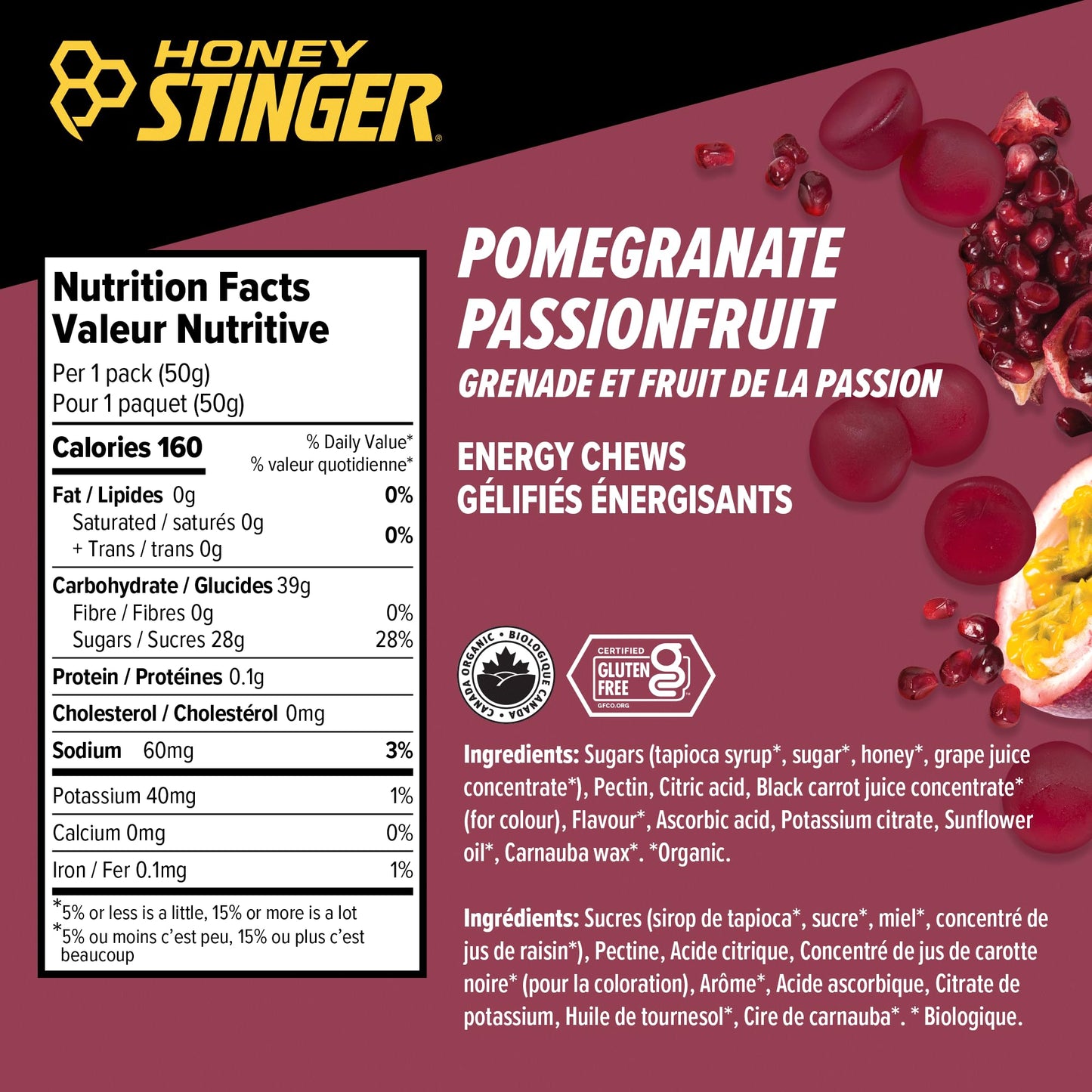 Honey Stinger Organic Pomegranate Passionfruit Energy Chew Gummy, 12 Pack