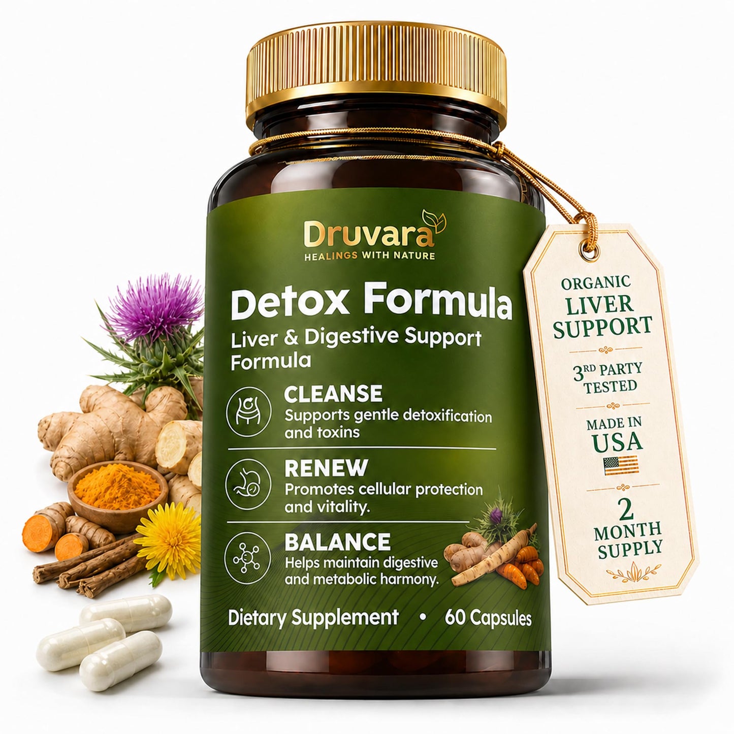 Druvara Detox Capsules with Milk Thistle, Dandelion Root & Herbal Blend, Natural Liver Detox Supplement, Digestion & Energy Support, 60 Capsules
