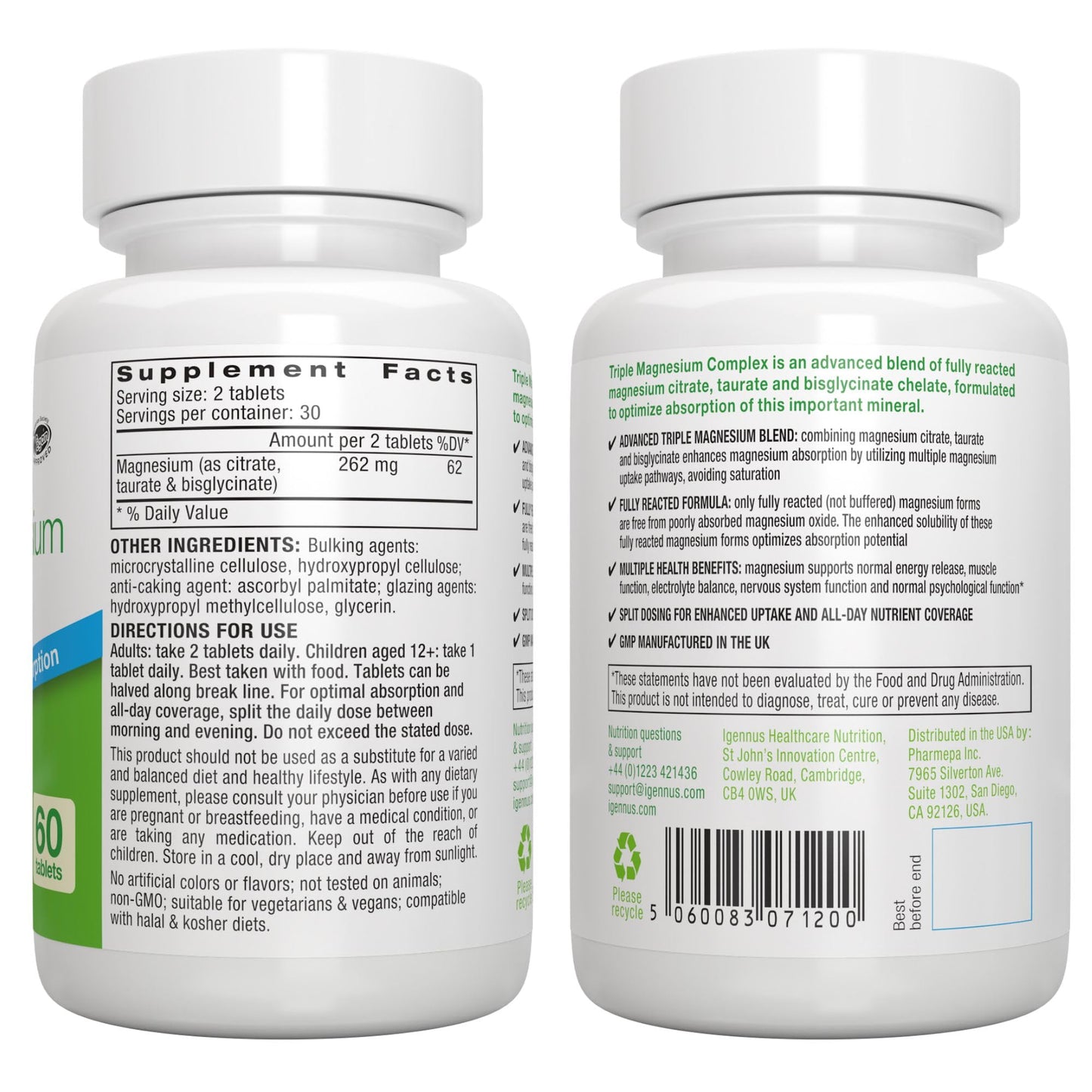 Igennus Healthcare Nutrition Superior Triple Magnesium Complex Fully Reacted & Chelated Glycinate, Taurate & Citrate, Clean Label, High Bioavailability & Absorption, 60 Tablets