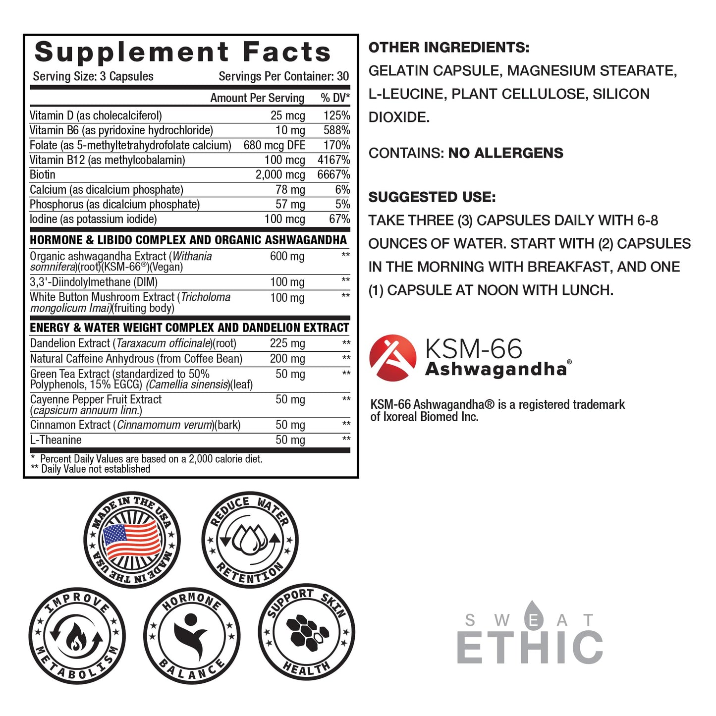 Sweat Ethic Victress Hormone Balance Support for Women with KSM-66 Ashwagandha, DIM, Biotin, Folic Acid, Dandelion Root, Cayenne Pepper & Vitamin D3, Daily Wellness Formula, 8 Capsules