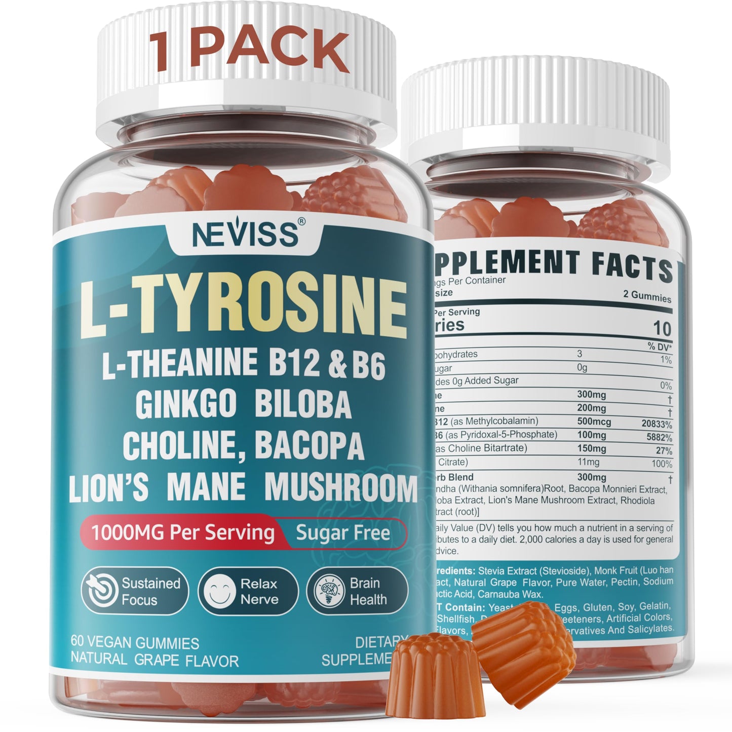NEVISS Sugar Free L-Tyrosine Gummies with L-Theanine 200mg, B6 100mg, B12 500mcg, Brain Health Herbs 300mg with Ginkgo Biloba, Rhodiola Rosea, Lion's Mane for Sustained Focus & Energy, 60 Gummies