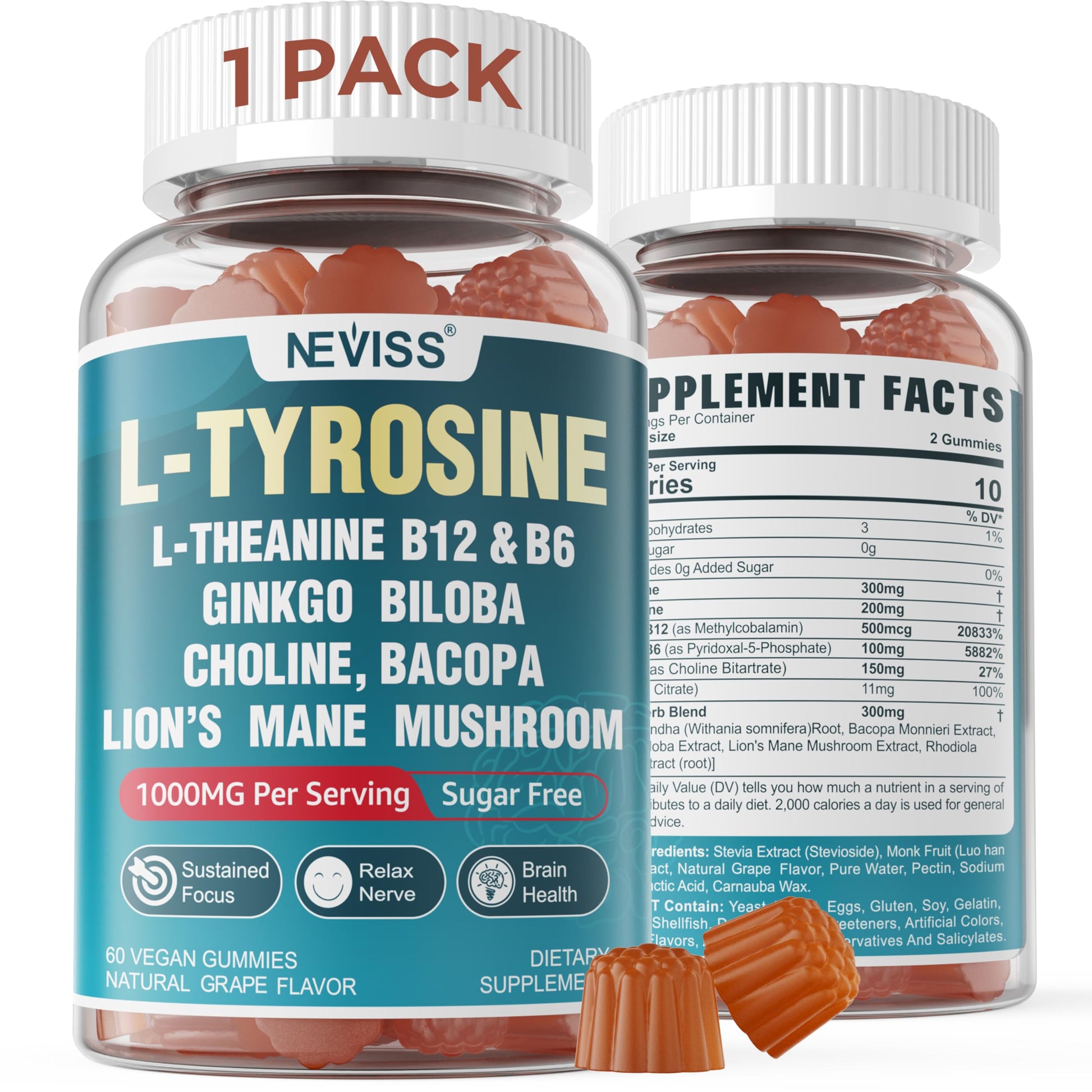 NEVISS Sugar Free L-Tyrosine Gummies with L-Theanine 200mg, B6 100mg, B12 500mcg, Brain Health Herbs 300mg with Ginkgo Biloba, Rhodiola Rosea, Lion's Mane for Sustained Focus & Energy, 60 Gummies