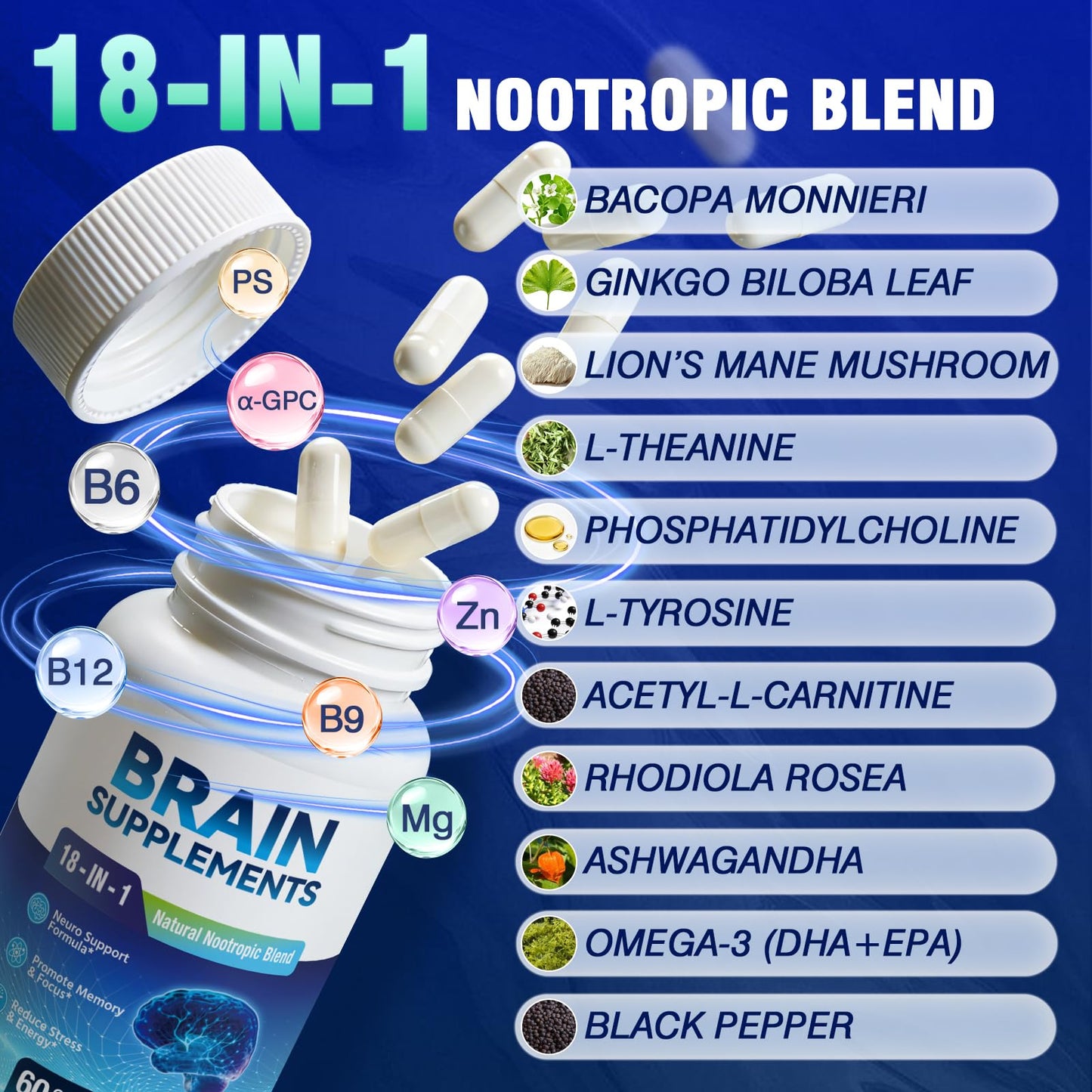 Fenolutra 18-in-1 Brain Supplement for Memory and Focus, Capsules, 60 Count