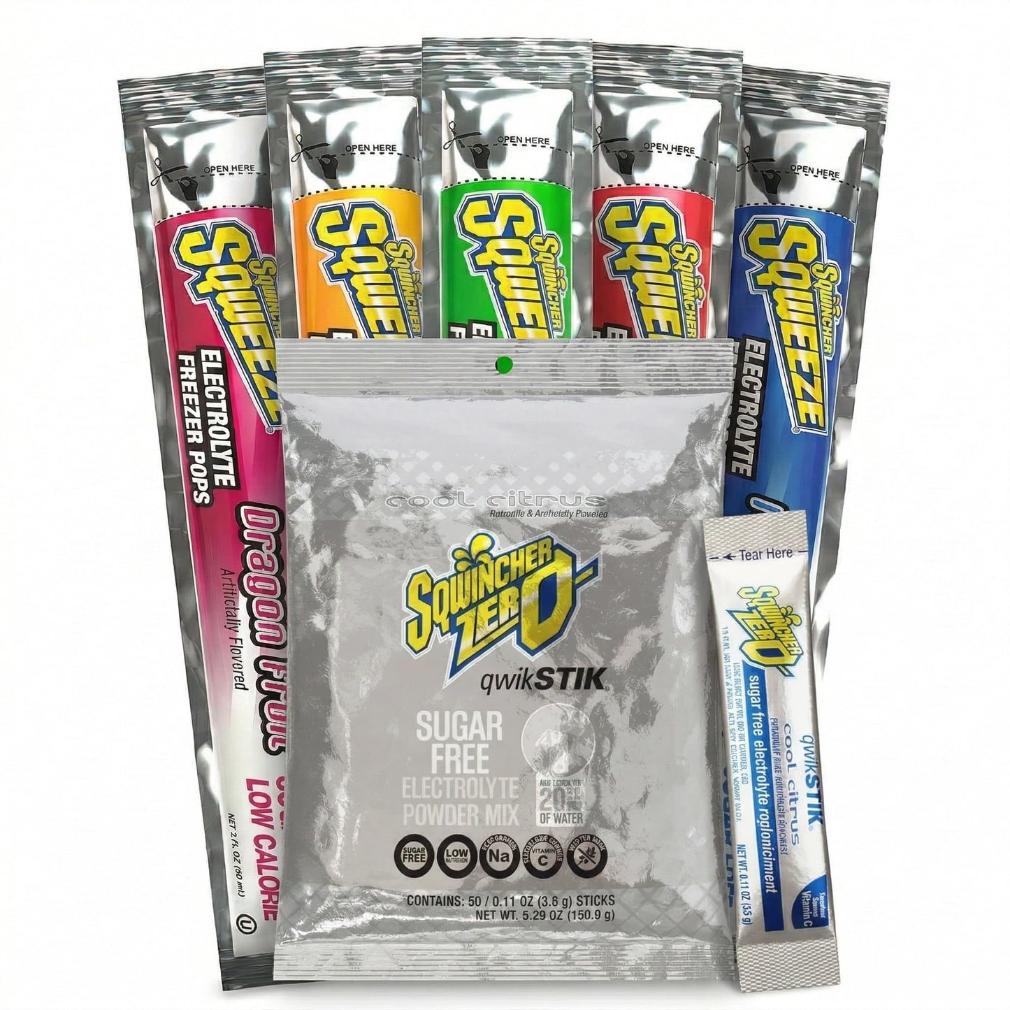 Aabaco Sqwincher Bundle: 50 Qwik Stiks (Cool Citrus Zero) & 50 Sqweeze Sugar Free Electrolyte Freezer Pops, Powder, 1 Bundle