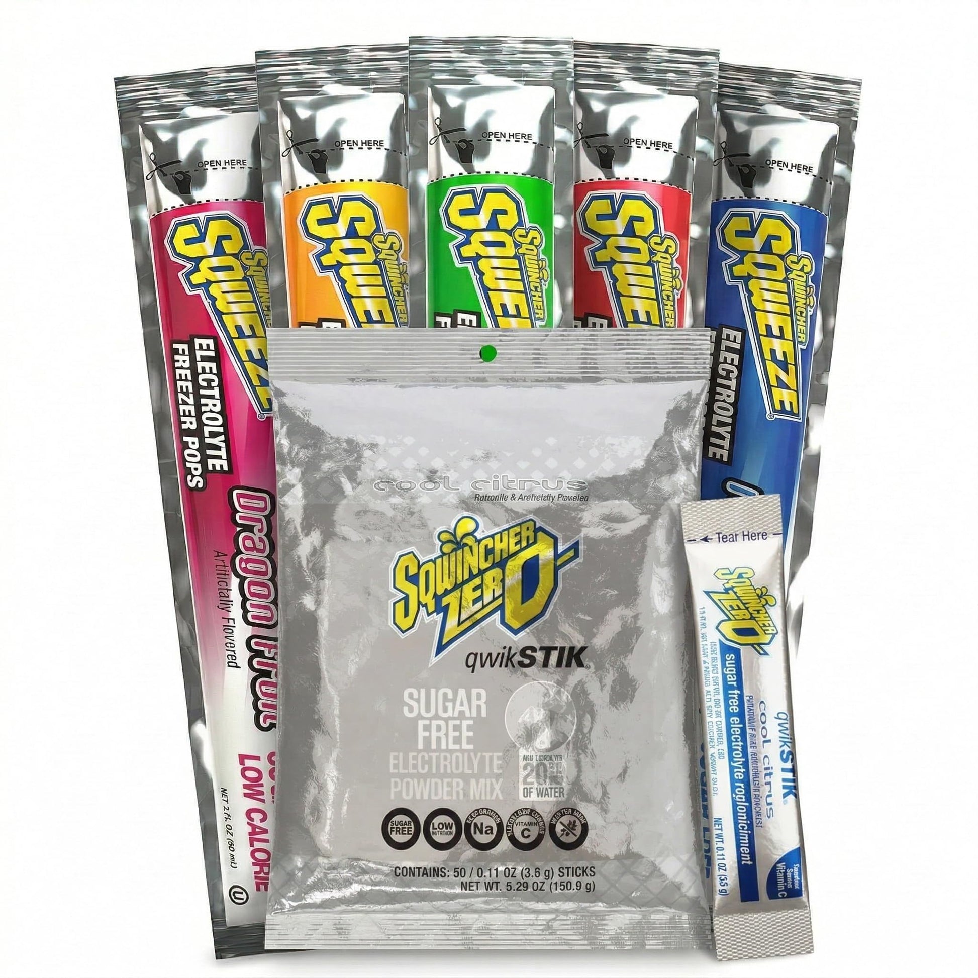 Aabaco Sqwincher Bundle: 50 Qwik Stiks (Cool Citrus Zero) & 50 Sqweeze Sugar Free Electrolyte Freezer Pops, Powder, 1 Bundle