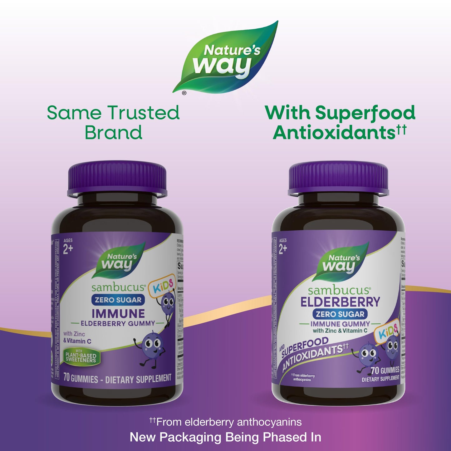 Nature's Way Sambucus Zero Sugar Elderberry Immune Gummies for Kids, Immune Support*, with Vitamin C, Zinc, Black Elderberry Extract, 70 Count