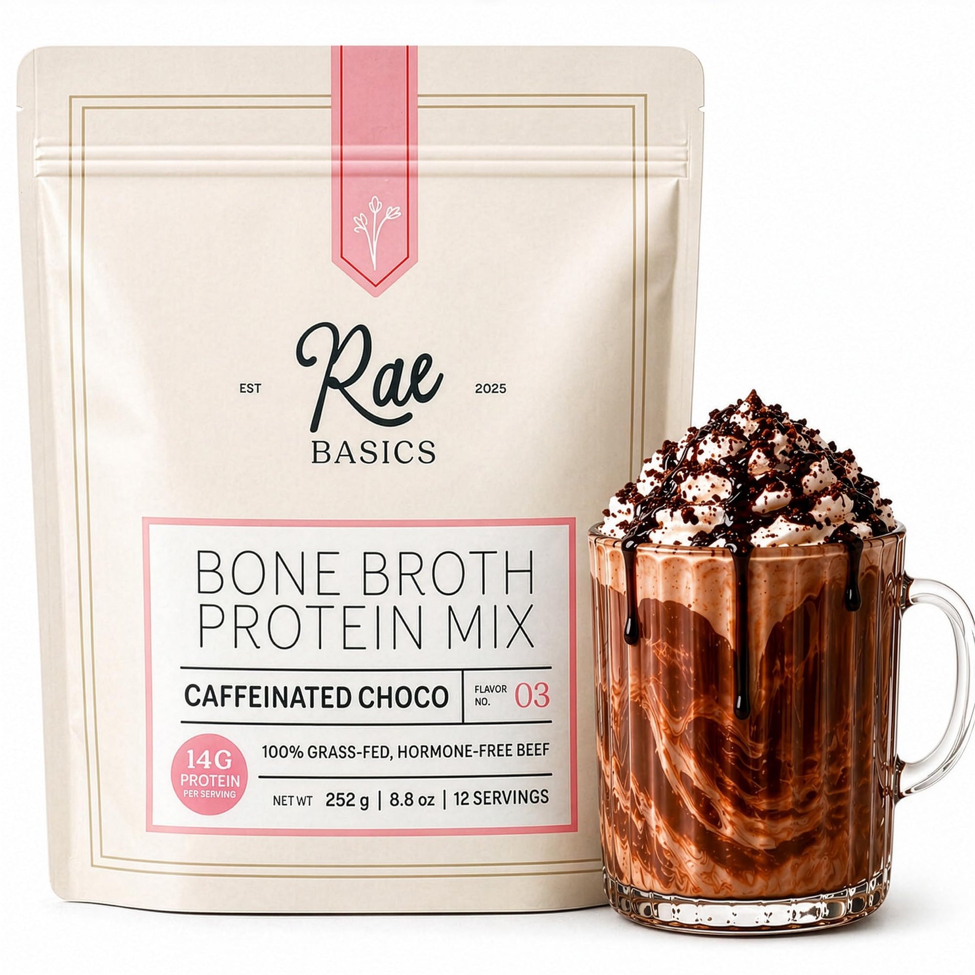 Rae Basics Bone Broth Hot Chocolate Protein Powder Starter with Caffeine, 12 Servings